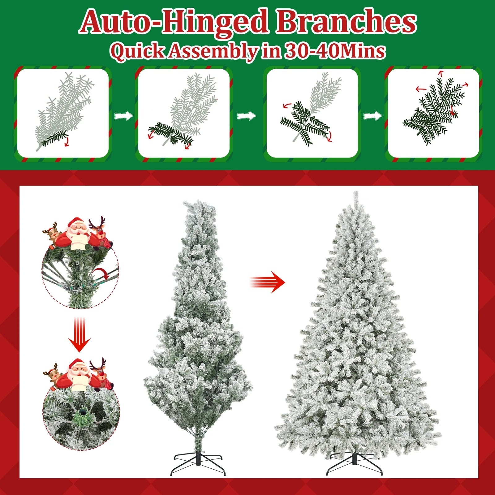 9Ft Snow Flocked Christmas Tree with 2028 Tips, Artificial Snowy Xmas Pine Tree with Reinforced Metal Base for Home Office Party Holiday Decorations ,White(No Light)