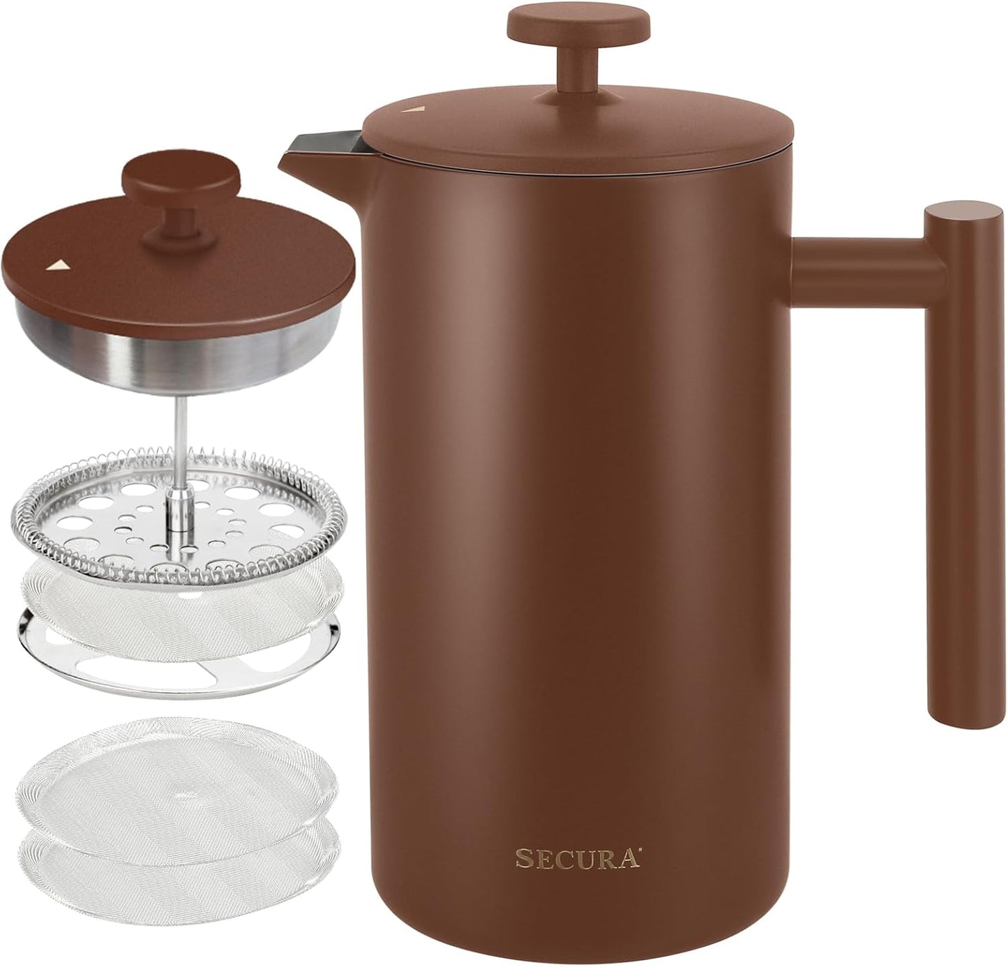 Secura French Press Coffee Maker, 304 Grade Stainless Steel Insulated Coffee Press with 2 Extra Screens, 34Oz (1 Litre), Silver