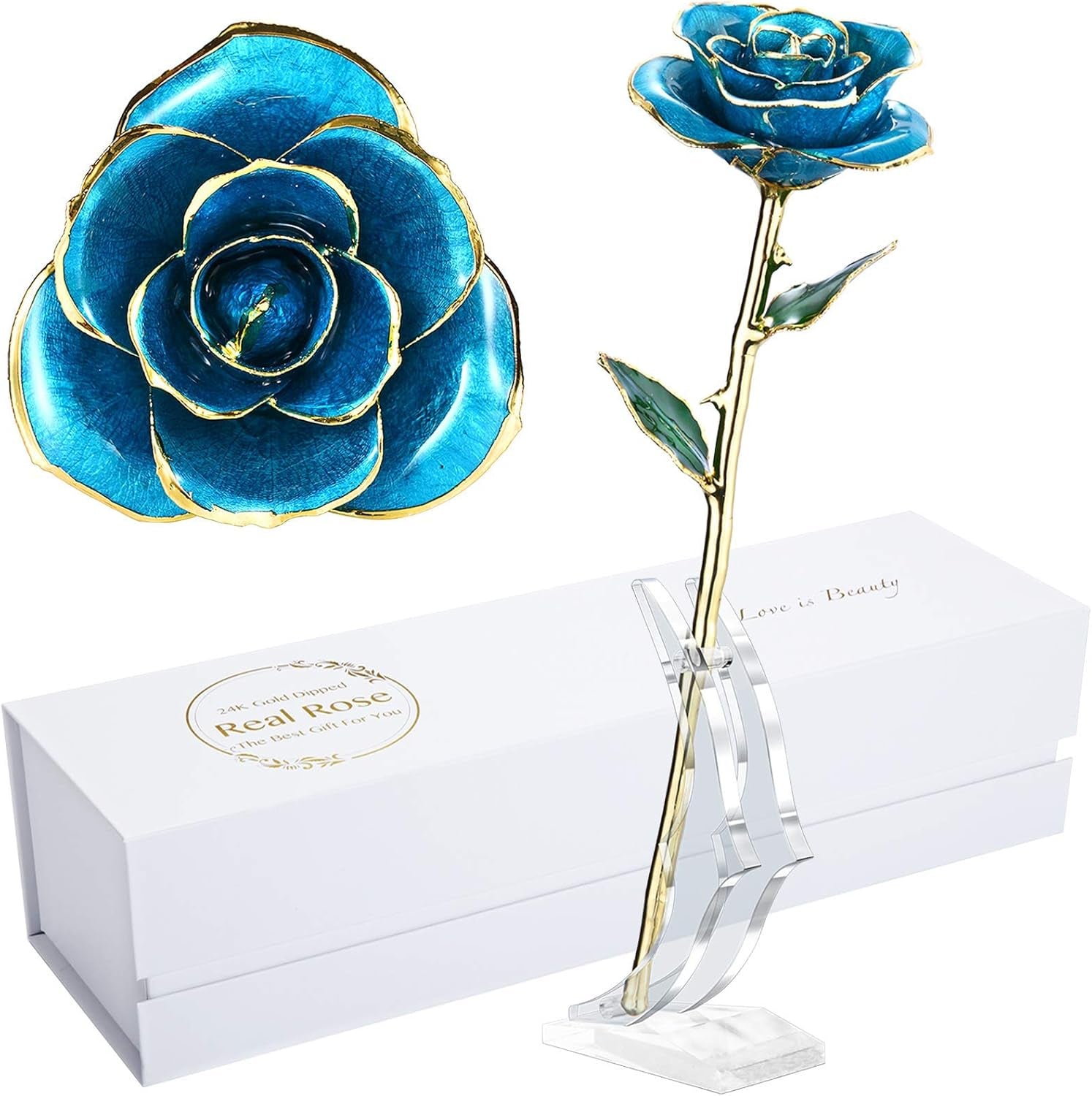 Romantic Rose Gift for Her,Eternity Gold Rose Flower 24K Gold Dipped Rose and Romantic Gift for Her Rose,Skyblue with Stand