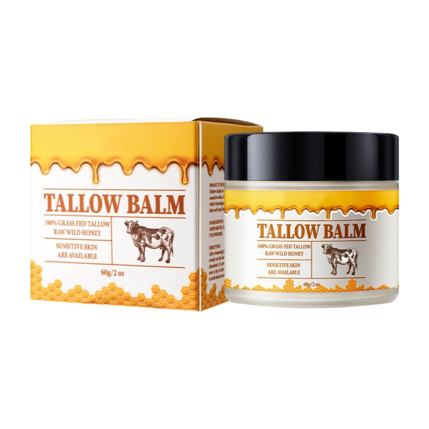 Tallow and Honey Balm, Beef Tallow for Skin, Natural Grass Fed Beef Tallow & Raw Wild Honey Balm, All-Natural Moisturizer for Face & Body, Tallow Balm for Skin Hydration, 2Oz (Honey, 1 Bottle)