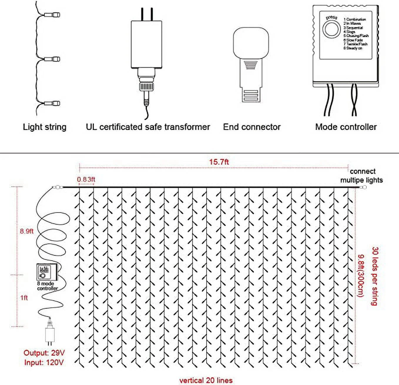 Christmas Lights, 300 LED Christmas Curtain Lights for Christmas Decoration, White, 8 Modes for Indoor Outdoor Wall & Party Décor