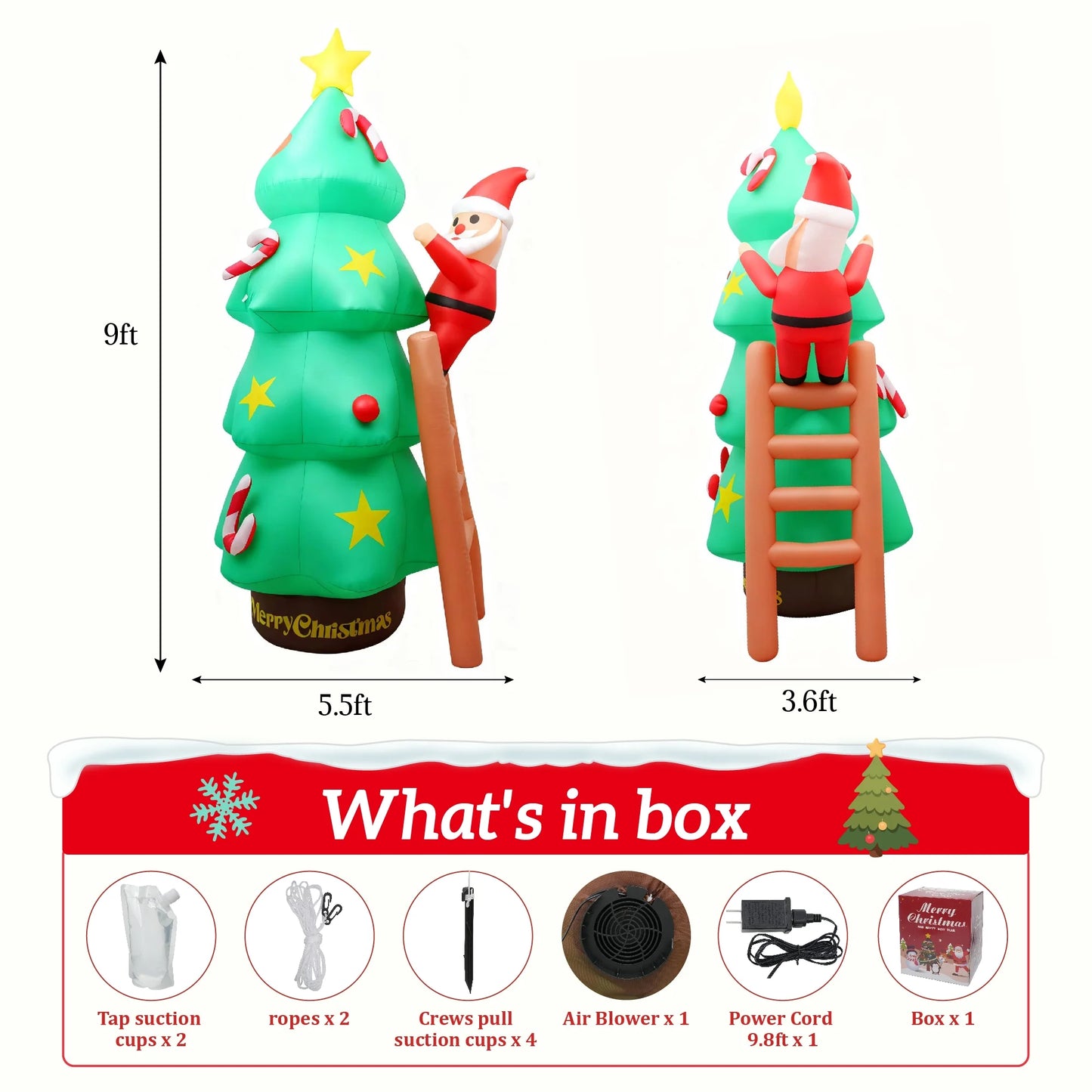 9Ft Christmas Inflatables Outdoor Decoration Christmas Tree and Santa Claus Blow Ups with Built in LED Lights Xmas Garden Yard Lawn Decoration