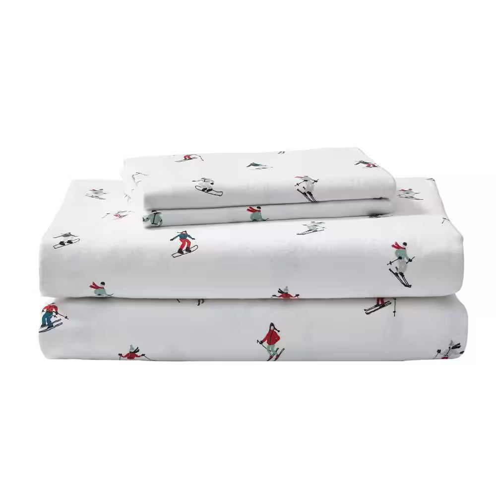 Ski Slope 4-Piece White and Multi-Colored Graphic Flannel King Sheet Set