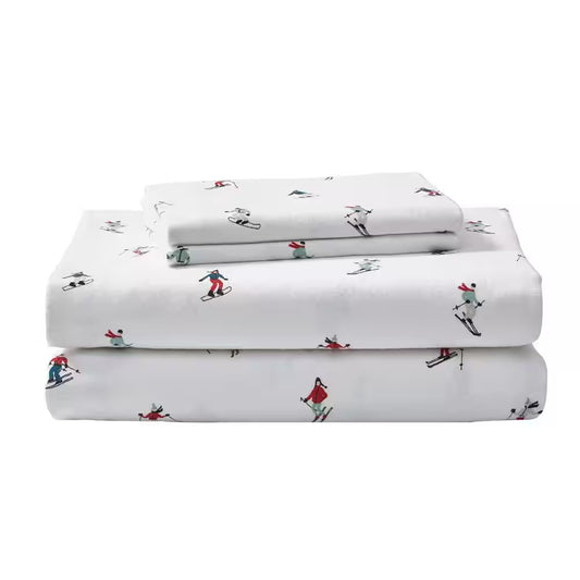 Ski Slope 4-Piece White and Multi-Colored Graphic Flannel King Sheet Set