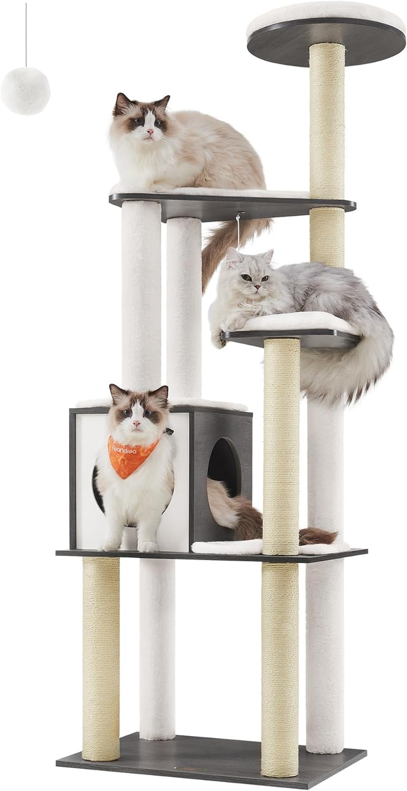 Feandrea Woodywonders Cat Tree, 65-Inch Modern Cat Tower for Indoor Cats, Multi-Level Cat Condo with 5 Scratching Posts, Perch, Washable Removable Cushions, Cat Furniture, Rustic Brown UPCT166X01