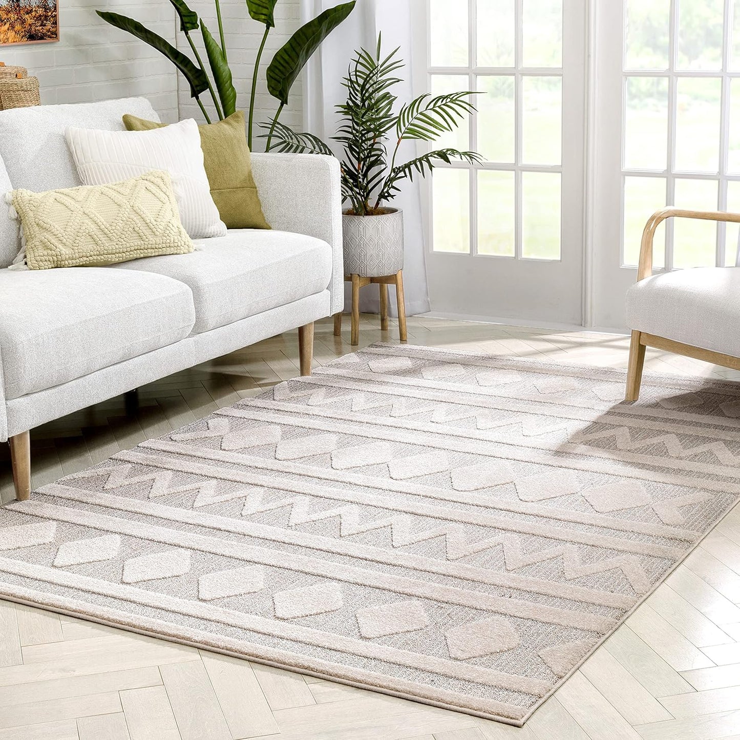 Well Woven Harlow Zara Tribal Moroccan Diamond Pattern Beige High-Low 5'3" X 7'3" Area Rug