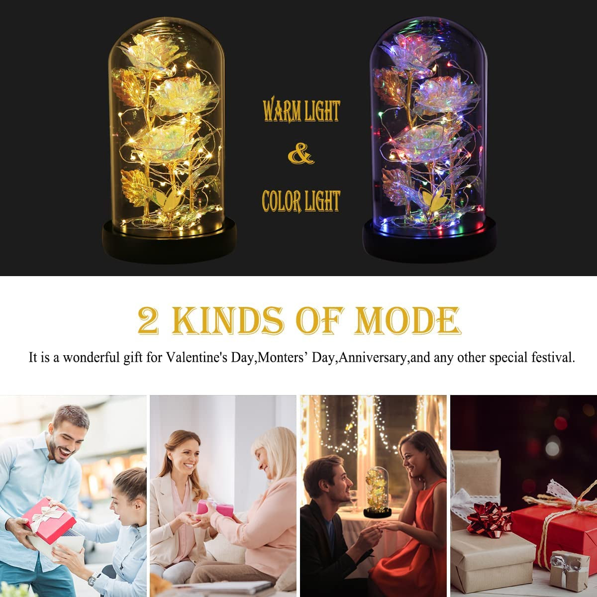 Valentines Gifts for Her,Birthday Gifts for Women,Colorful Flowers Rose in Glass Dome,Galaxy Flowers Rose with 2 Lighted Mode,Rainbow Rose Flower Gifts for Women,Valentines Gifts for Girlfriend