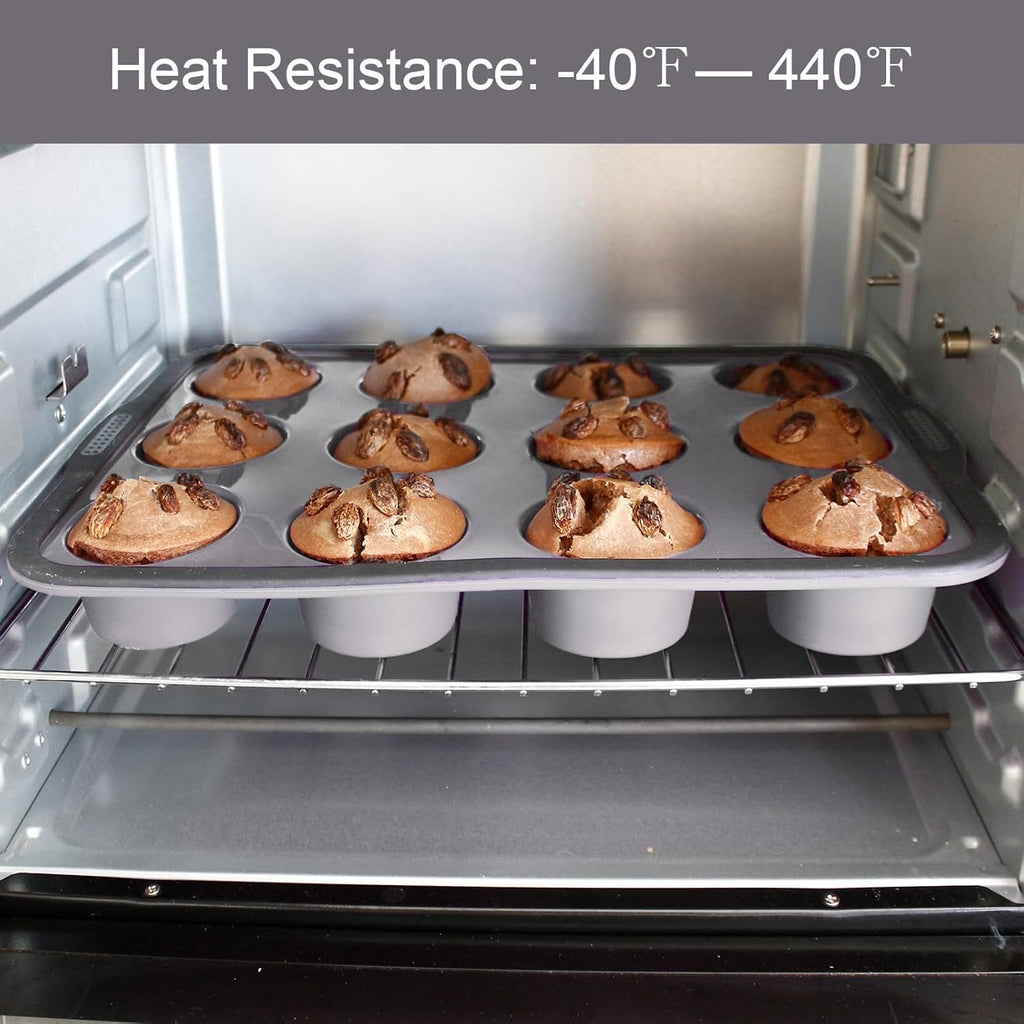 Aichoof Non-Stick Silicone Muffin Pan with Reinforced Stainless Steel Frame Inside,12 Cup Regular Muffin Baking Mold, 12 Cup Muffin Tin, BPA Free,Dishwasher Safe, Gray