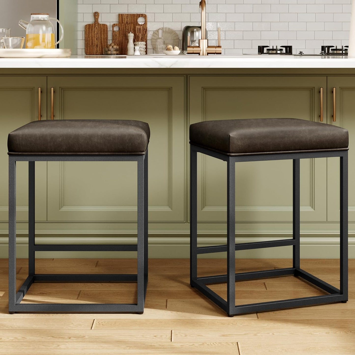 MAISON ARTS Counter Height 24" Bar Stools Set of 2 for Kitchen Counter Backless Modern Barstools Industrial Upholstered Faux Leather Stools Farmhouse Island Chairs, (24 Inch, Brown)