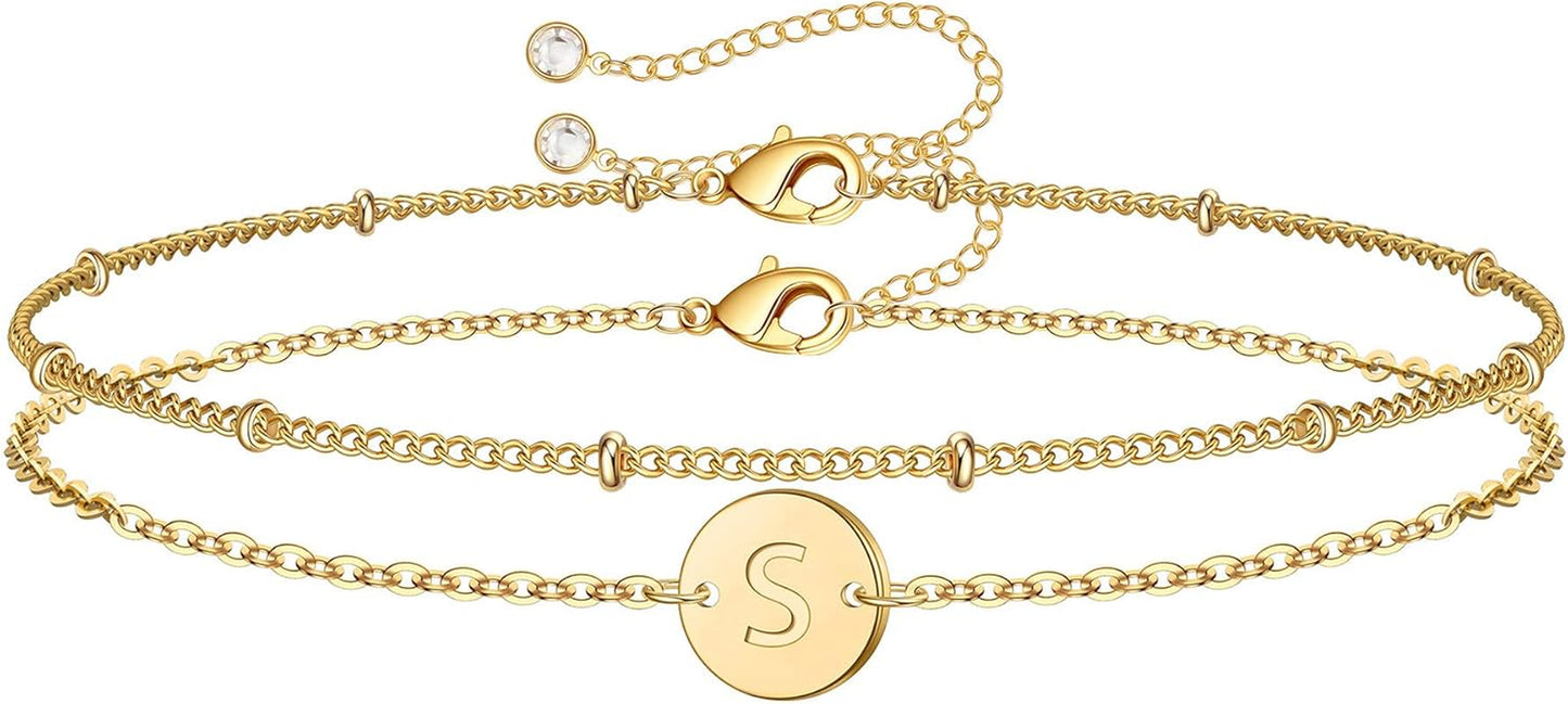 MONOZO Gold Initial Bracelets for Women Girls Jewelry Gifts - Dainty 14K Gold Plated Layered Beaded Letter Initial Bracelet 26 Alphabet Disc Monogram Charm Bracelet Jewelry Birthday Gifts for Women