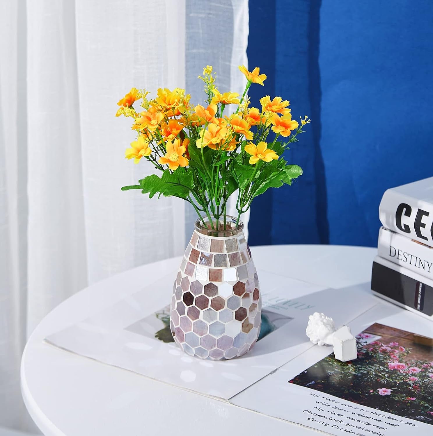 Small Flower Vase for Home Decor, 5" Mosaic Handmade Table Centerpiece Mosaic Accent Container for Office, Living Room, Kitchen, Wedding (Shell Hive)