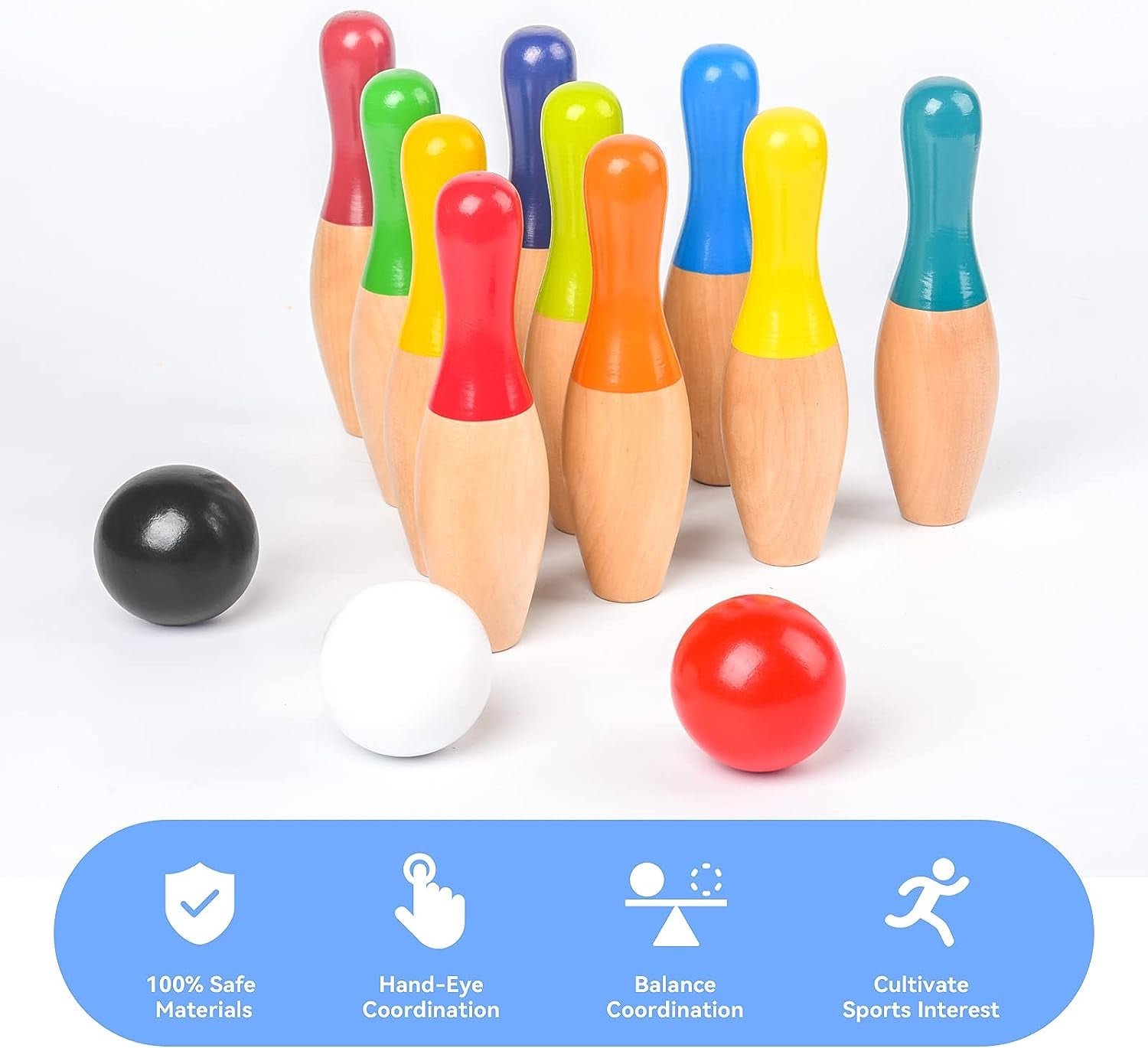 WODI Wood Bowling Backyard Games Wooden Pins Balls,And Mesh Carrying Bag Educational Games Indoor and Outdoor Toys Family Fun for Kids Toddlers and Adults