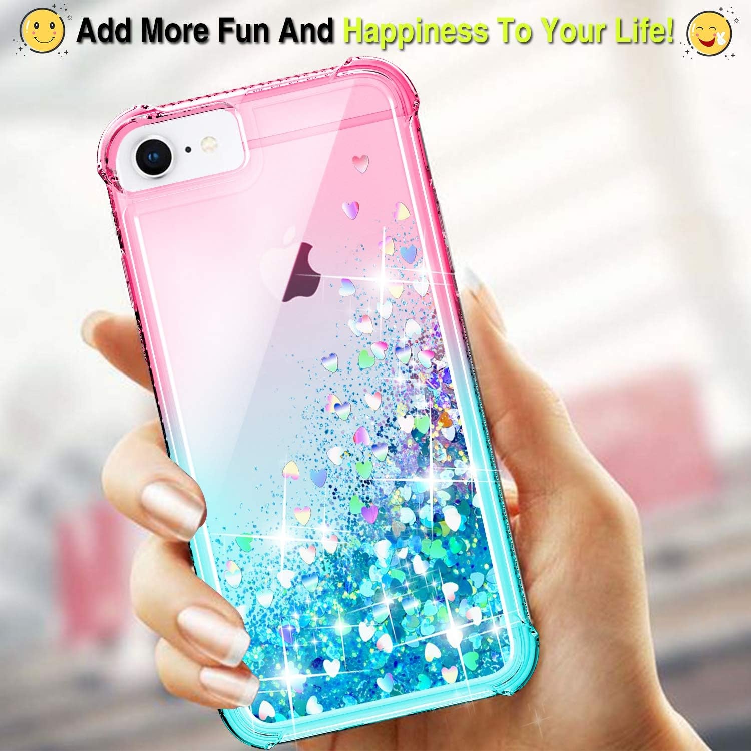 Gritup Iphone SE 2020 Case, Iphone 6/6S/7/8 Case with HD Screen Protector for Girls Women, Cute Clear Gradient Glitter Liquid TPU Slim Phone Case for Apple Iphone SE 2020/6/6S/7/8 Pink/Teal