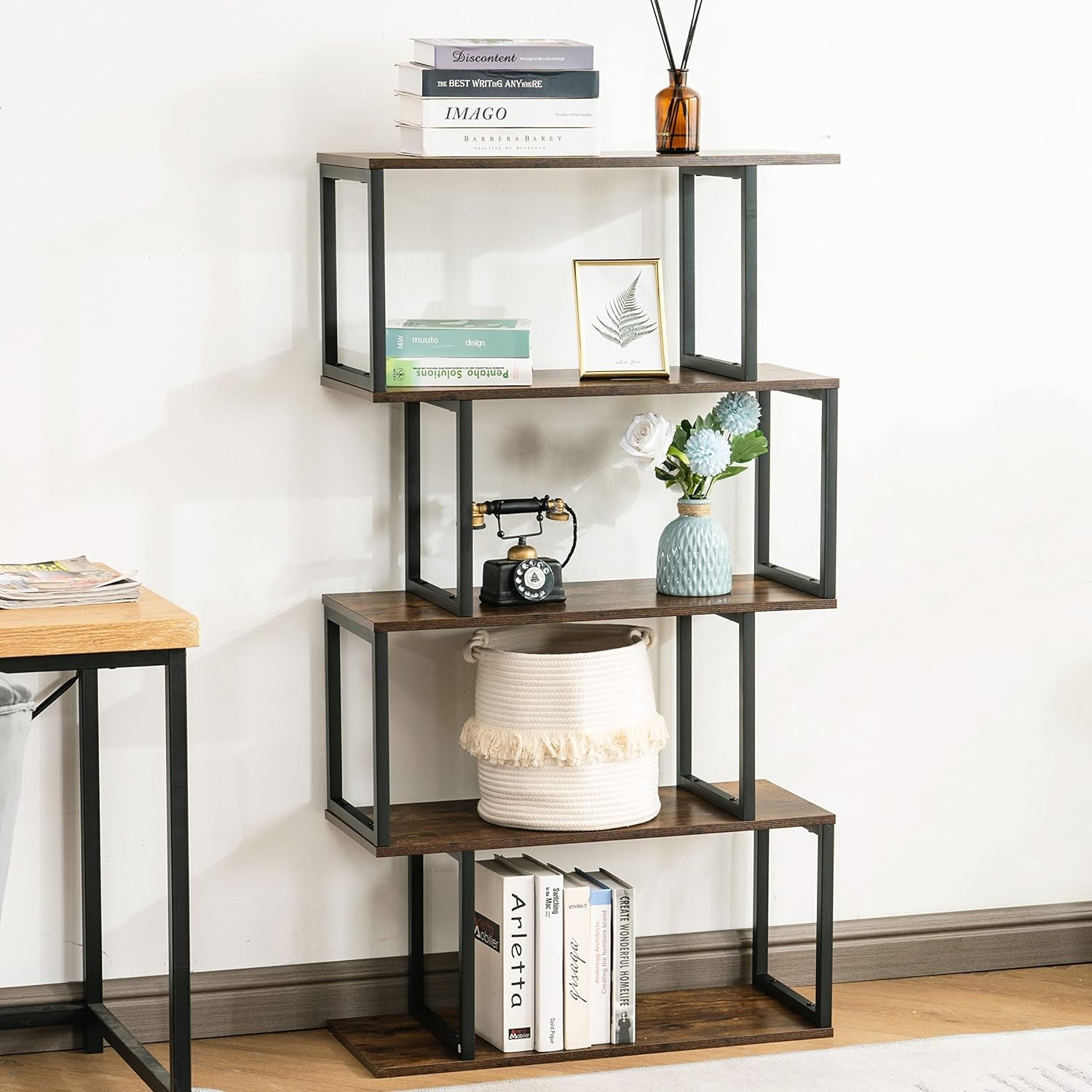 Apicizon Industrial Bookshelves Wooden Bookcase, 4-Tier Bookshelf, S-Shaped Bookshelf Modern Bookshelf, Freestanding Decorative Storage Shelving for Living Room Home Office, Rustic Brown