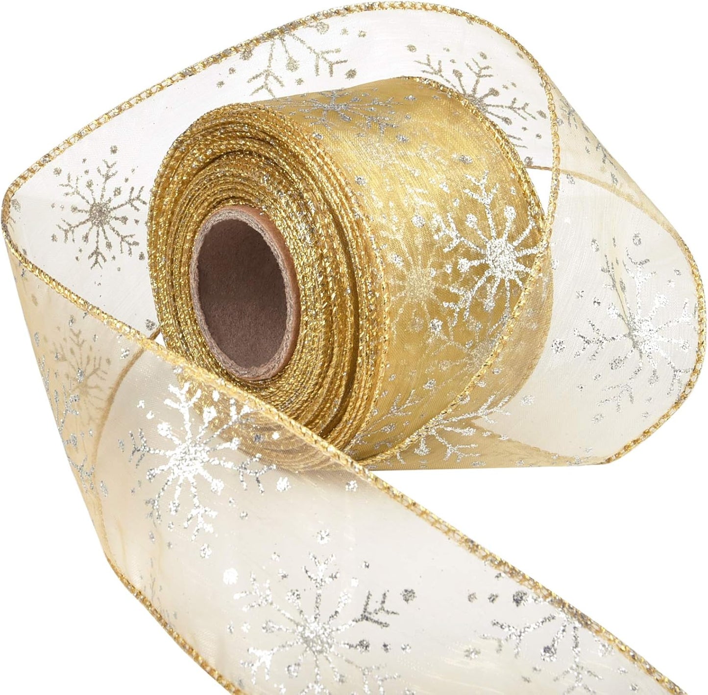 2.5 Inch Wide Christmas Wired Ribbon Snowflake Organza Sheer Glitter Ribbon for Xmas Tree, Wreath, Party Decoration, Gift Wrapping (Silver, 65.7 Foot (Pack of 1))