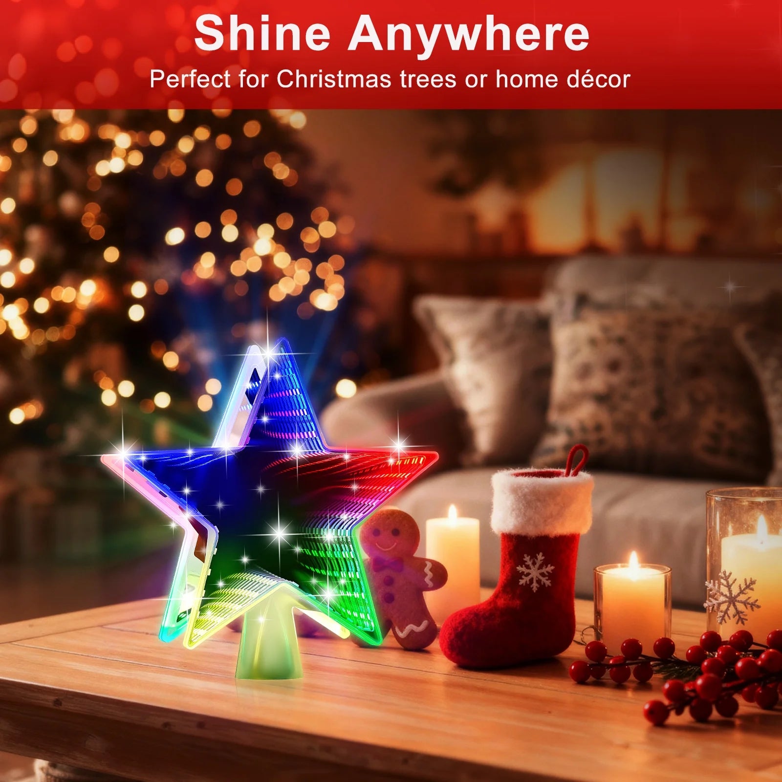 Christmas Star Tree Topper, Double Sided Tunnel Mirror Surface, 12 Lighting Modes, Built-In 6 Projected Patterns, Multi-Color Light