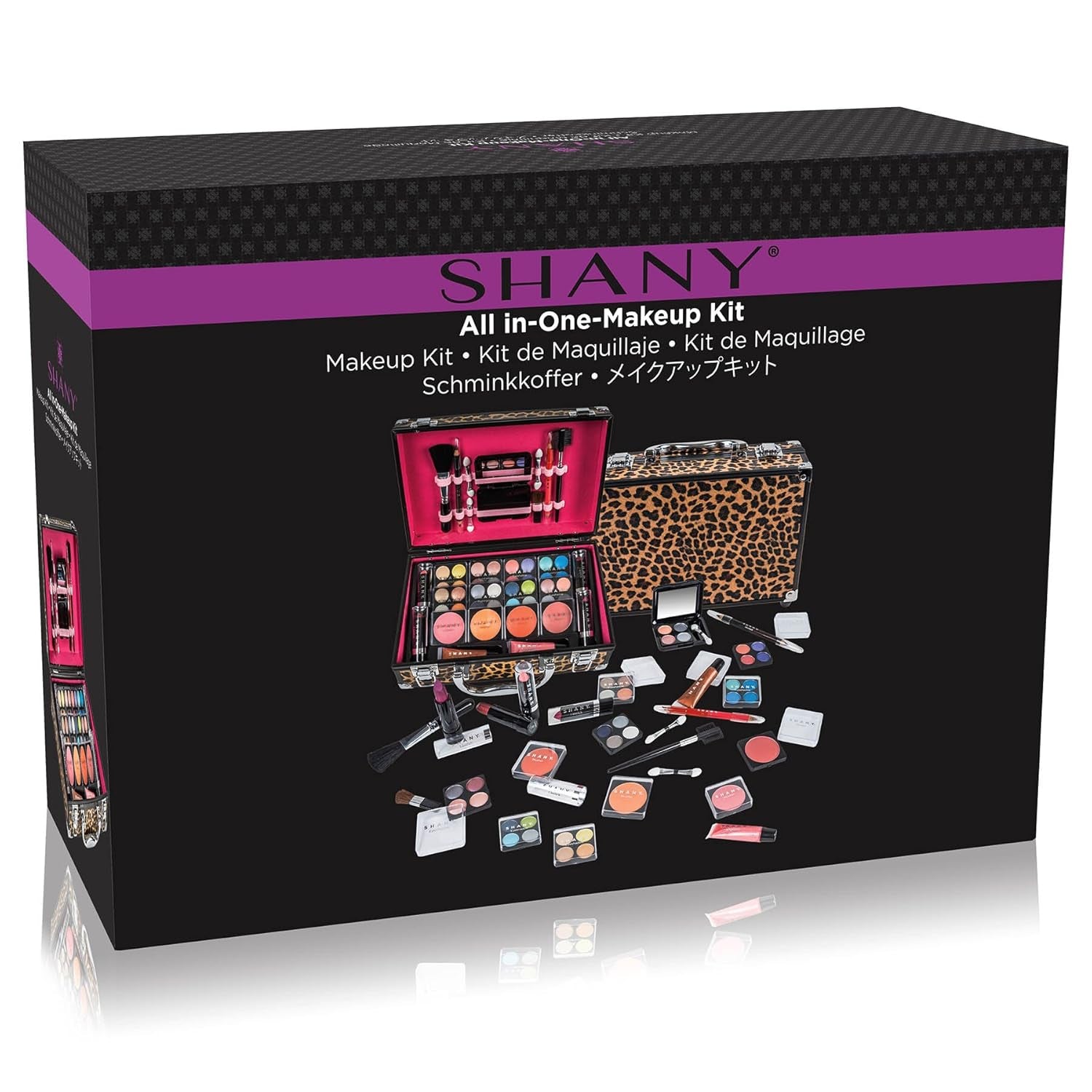 SHANY Carry All Make up Train Case with Pro Makeup Set, Beauty Brushes, Lipsticks, Eye Shadows, Blushes, Powders, and More - Reusable Cosmetics Storage Organizer - Premium Gift Packaging - Leopard