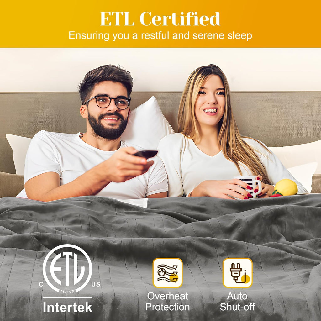 SUNVIVI Heated Blanket King Size, Heating Electric Throw Blanket Dual Control, 10 Heat Settings, 12 Hours Auto Off, Machine Washable, ETL Certified, Overheating Protection, Grey