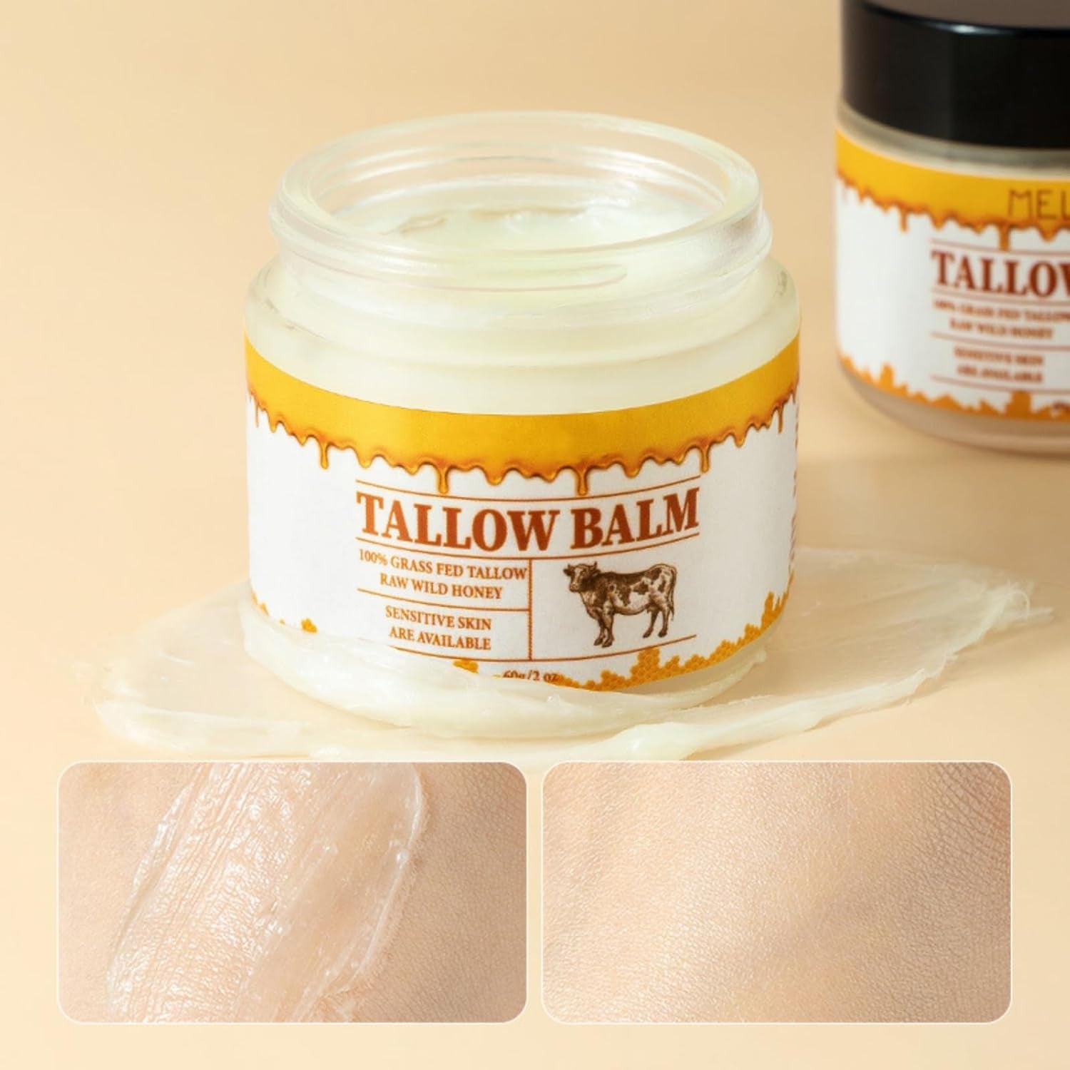 Tallow and Honey Balm, Beef Tallow for Skin, Natural Grass Fed Beef Tallow & Raw Wild Honey Balm, All-Natural Moisturizer for Face & Body, Tallow Balm for Skin Hydration, 2Oz (Honey, 1 Bottle)