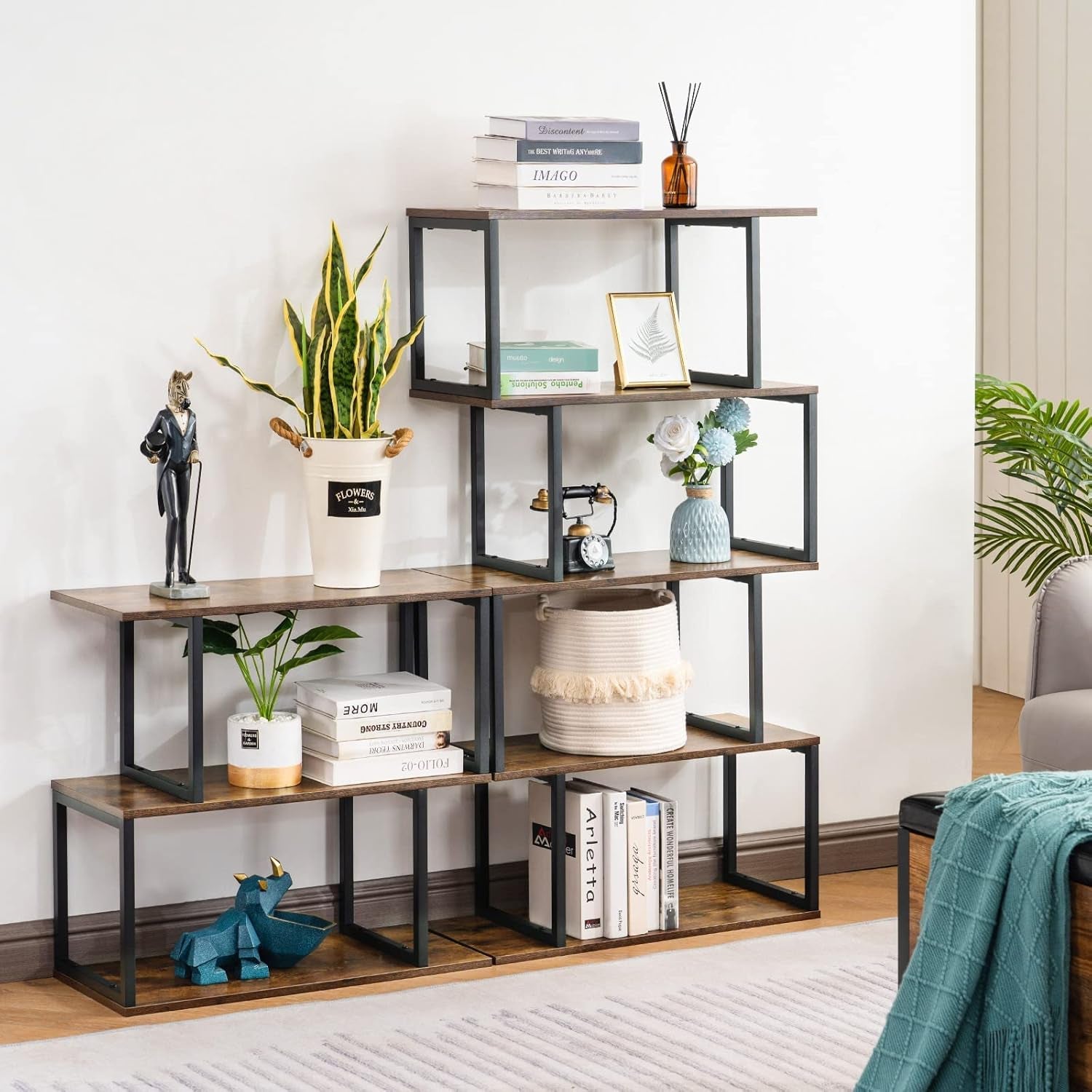 Apicizon Industrial Bookshelves Wooden Bookcase, 4-Tier Bookshelf, S-Shaped Bookshelf Modern Bookshelf, Freestanding Decorative Storage Shelving for Living Room Home Office, Rustic Brown