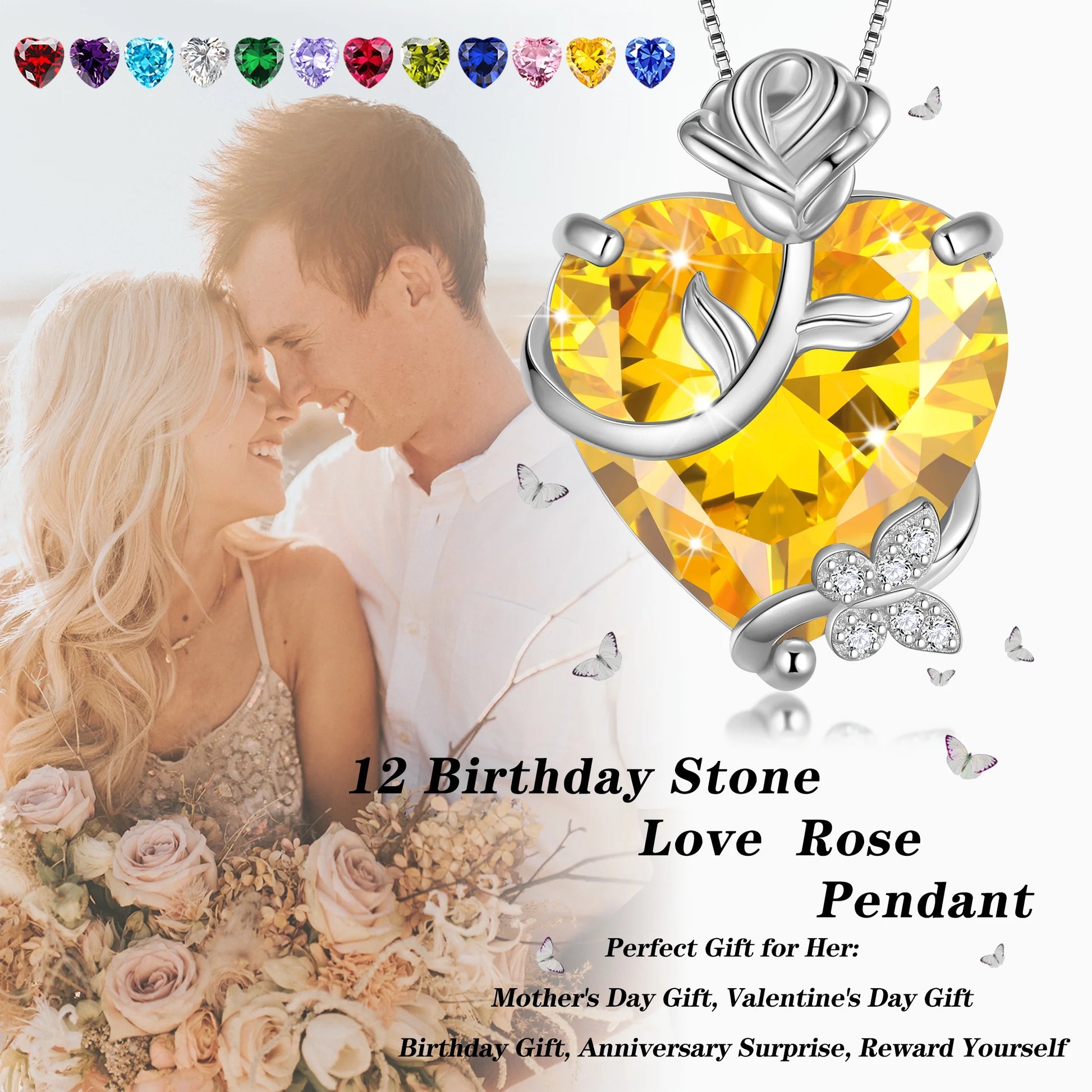 15MM Women Rose Heart Necklace October Birthstone 925 Sterling Silver Butterfly Flower Pendant Pink Tourmaline Jewelry Mother Valentine'S Day Gifts