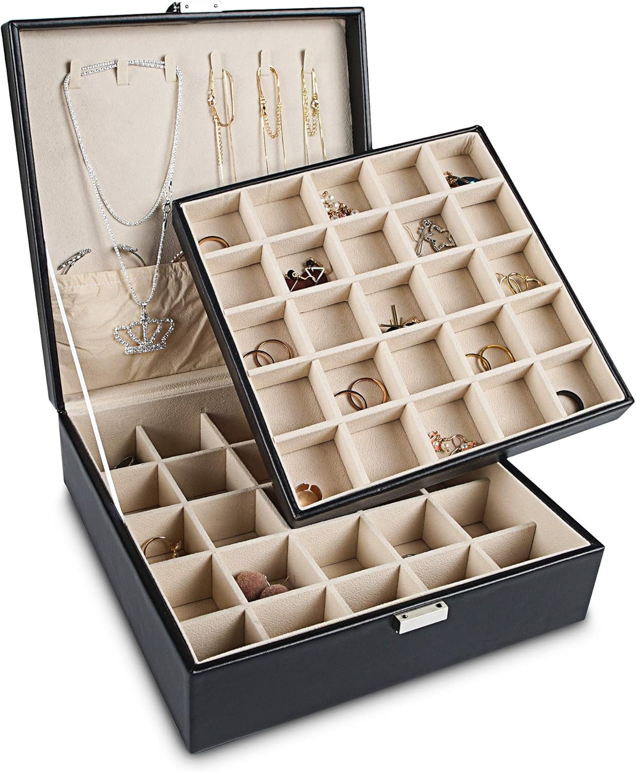 Frebeauty Earring Organizer Classic Jewelry Box 50 Slots Double Layer Jewelry Storage Case with 6 Necklace Hook and Bracelet Pocket(Pearl White)