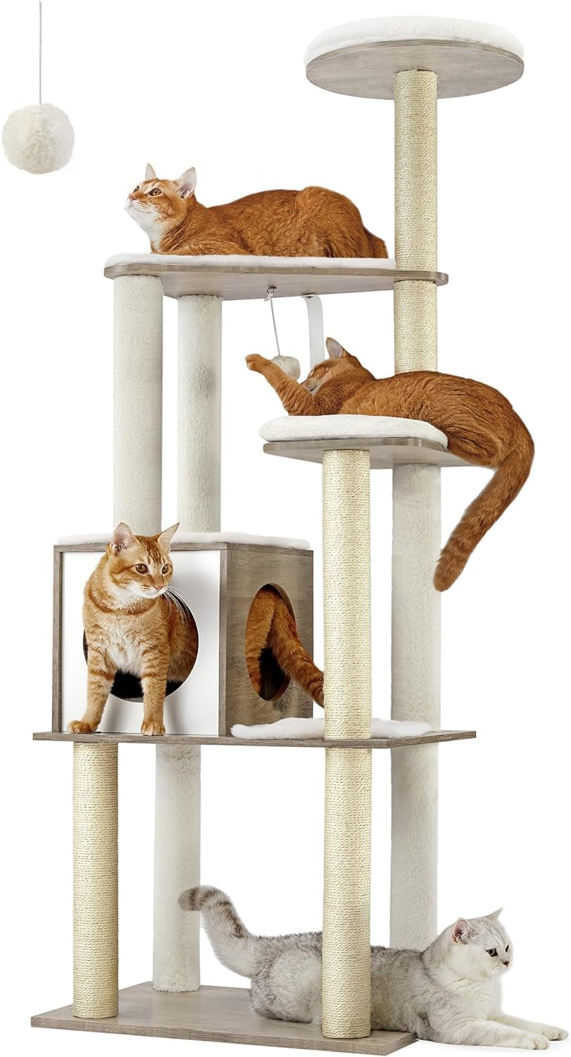 Feandrea Woodywonders Cat Tree, 65-Inch Modern Cat Tower for Indoor Cats, Multi-Level Cat Condo with 5 Scratching Posts, Perch, Washable Removable Cushions, Cat Furniture, Rustic Brown UPCT166X01