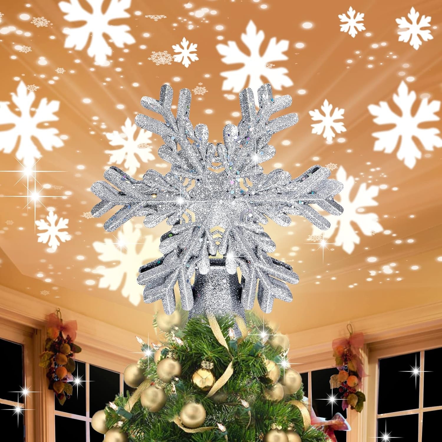 Christmas Tree Star Topper Light Christmas Tree Star Topper Projector with Rotating LED Snowflake Lights 3D Hollow for Christmas Tree Decorations