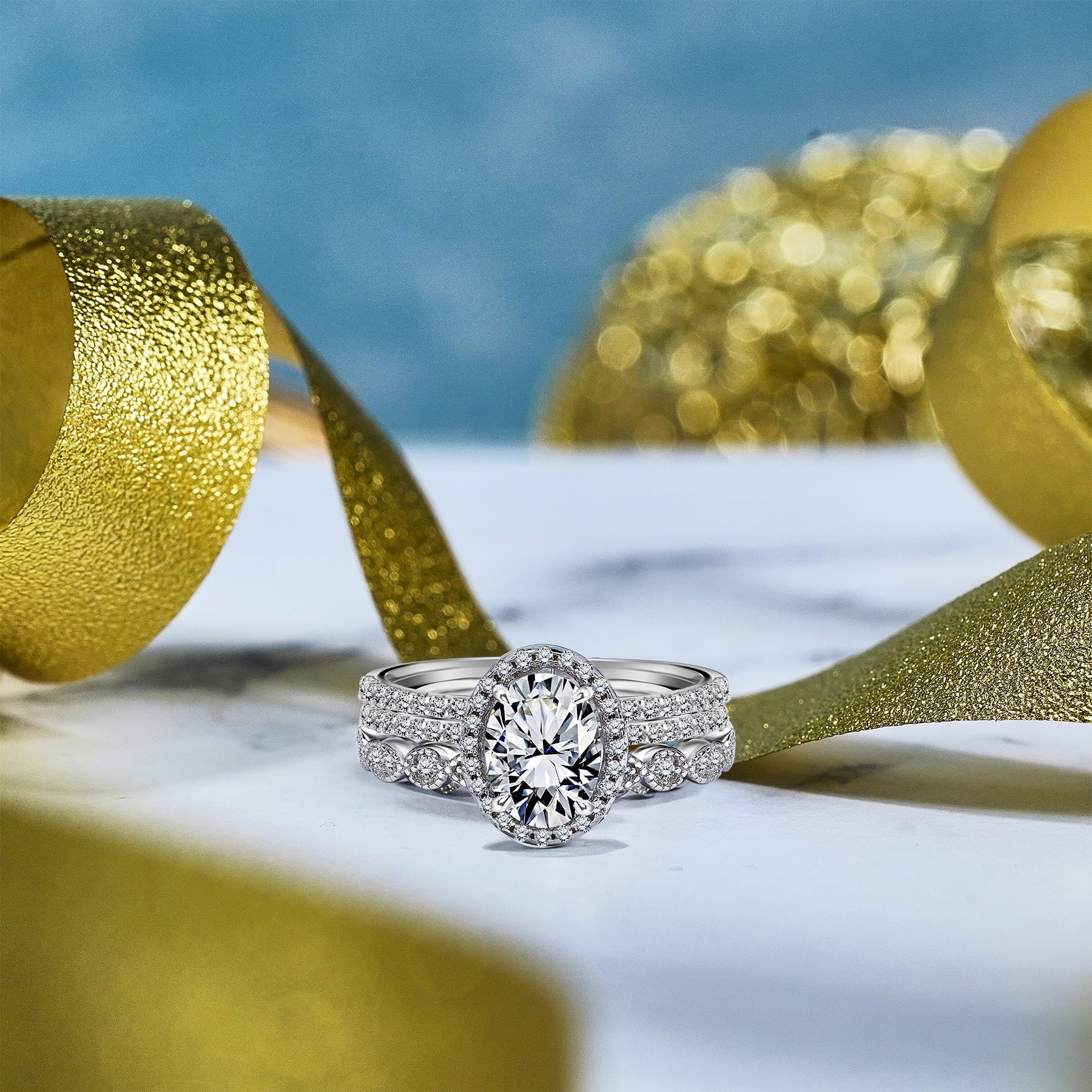 Unique 2 Carat Real Moissanite Wedding Trio Ring Set with Engagement Ring and 2 Wedding Bands in 18K Gold Plating for Women