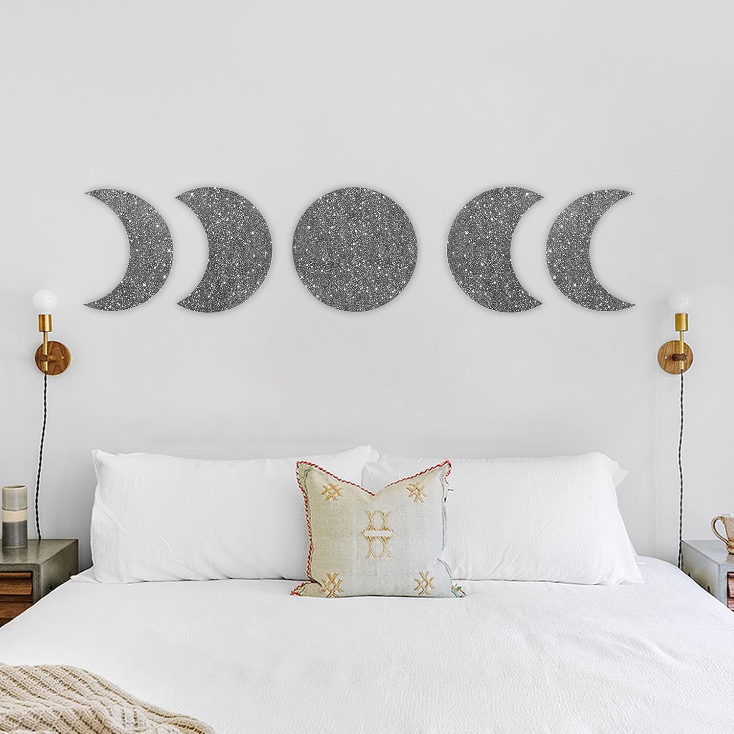RTMISA Moon Phases Bohemian Décor Witchy Dark Academia Decoration for Wall Room Gothic Scandinavian Natrual Boho Interior Design for Home Living Bed Room Nursery - Silver Glitter