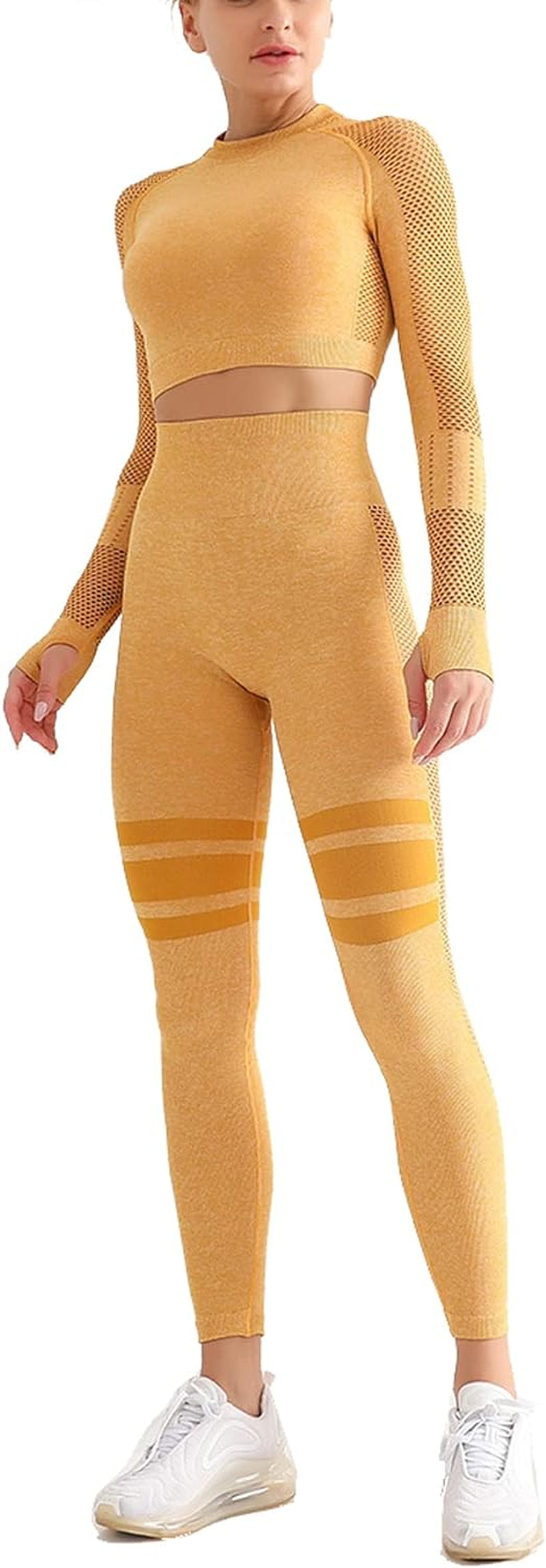 MANON ROSA Workout Sets Women 2 Piece Gym Outfits Seamless Yoga Long Sleeve Crop Top Stripes Legging Mesh Yellow Medium