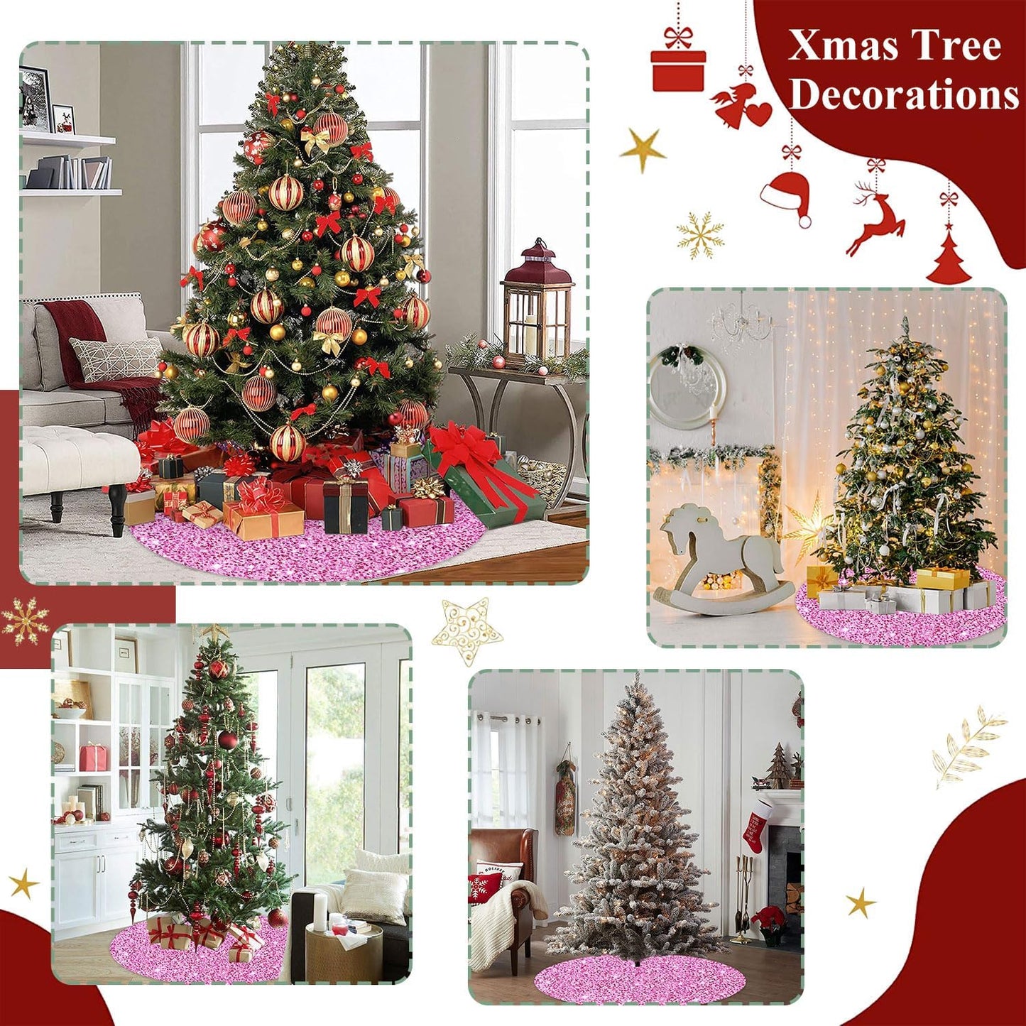 FUHSY Christmas Tree Skirt Pink Tree Skirt 46 Inch Sequintree Skirt Velvet Tree Floor Carpet Holiday Ornaments Glittery Xmas Skirt for Thanksgiving Pink Christmas Decorations Christmas Skirt Tree