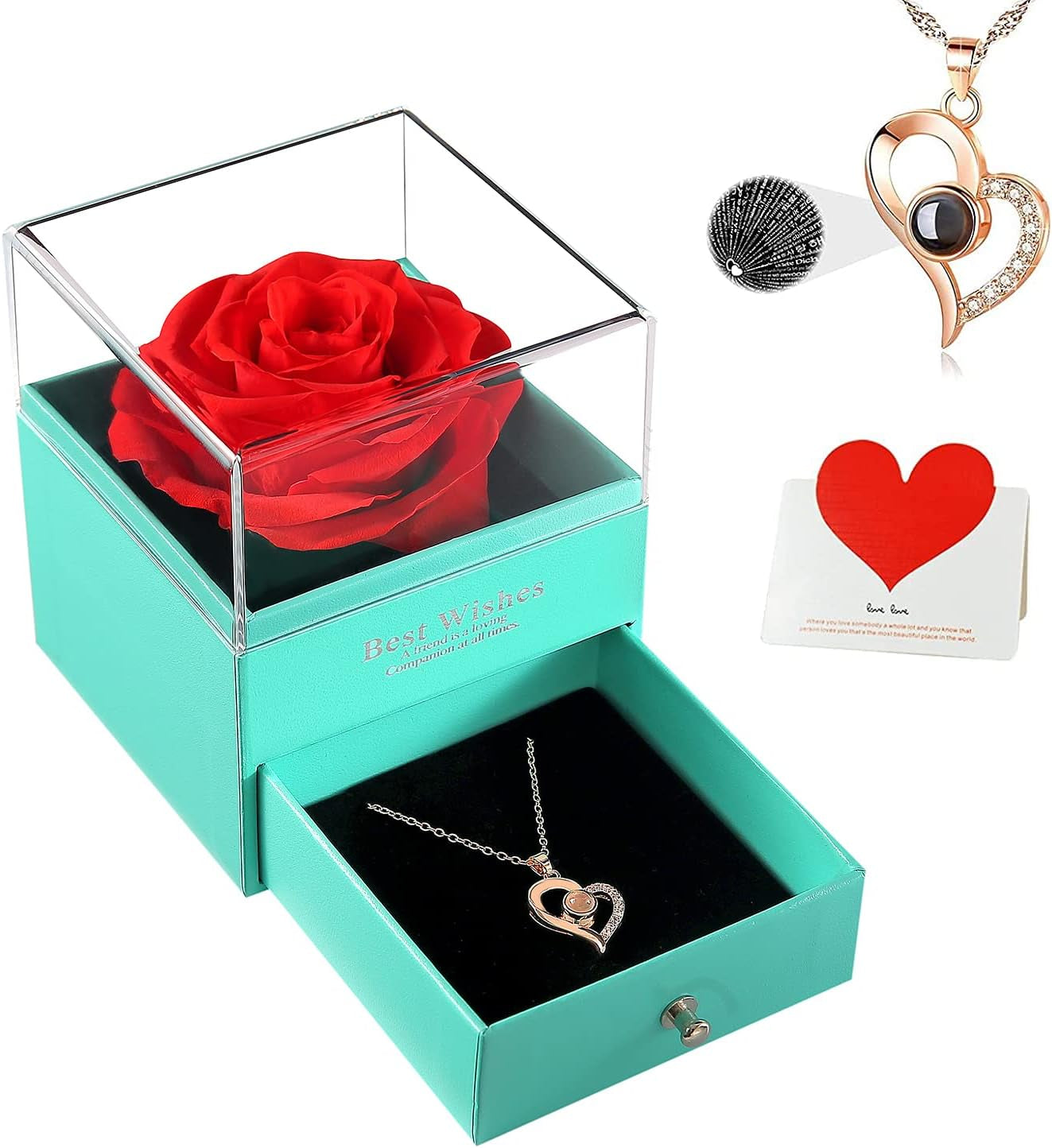 U UQUI Valentines Day Gifts for Her, Preserved Real Rose with I Love You Heart Necklace 100 Languages, Birthday Gifts for Women Mom Girlfriend Wife,Forever Flower for Anniversary, Red Roses
