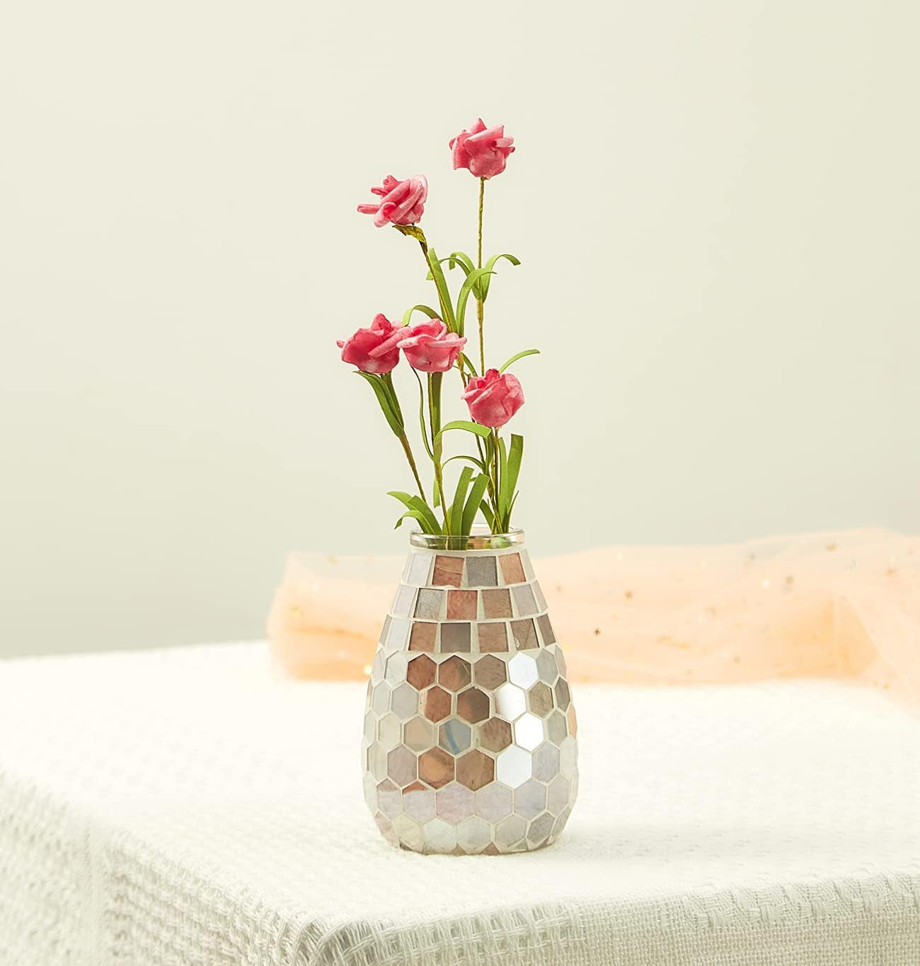 Small Flower Vase for Home Decor, 5" Mosaic Handmade Table Centerpiece Mosaic Accent Container for Office, Living Room, Kitchen, Wedding (Shell Hive)