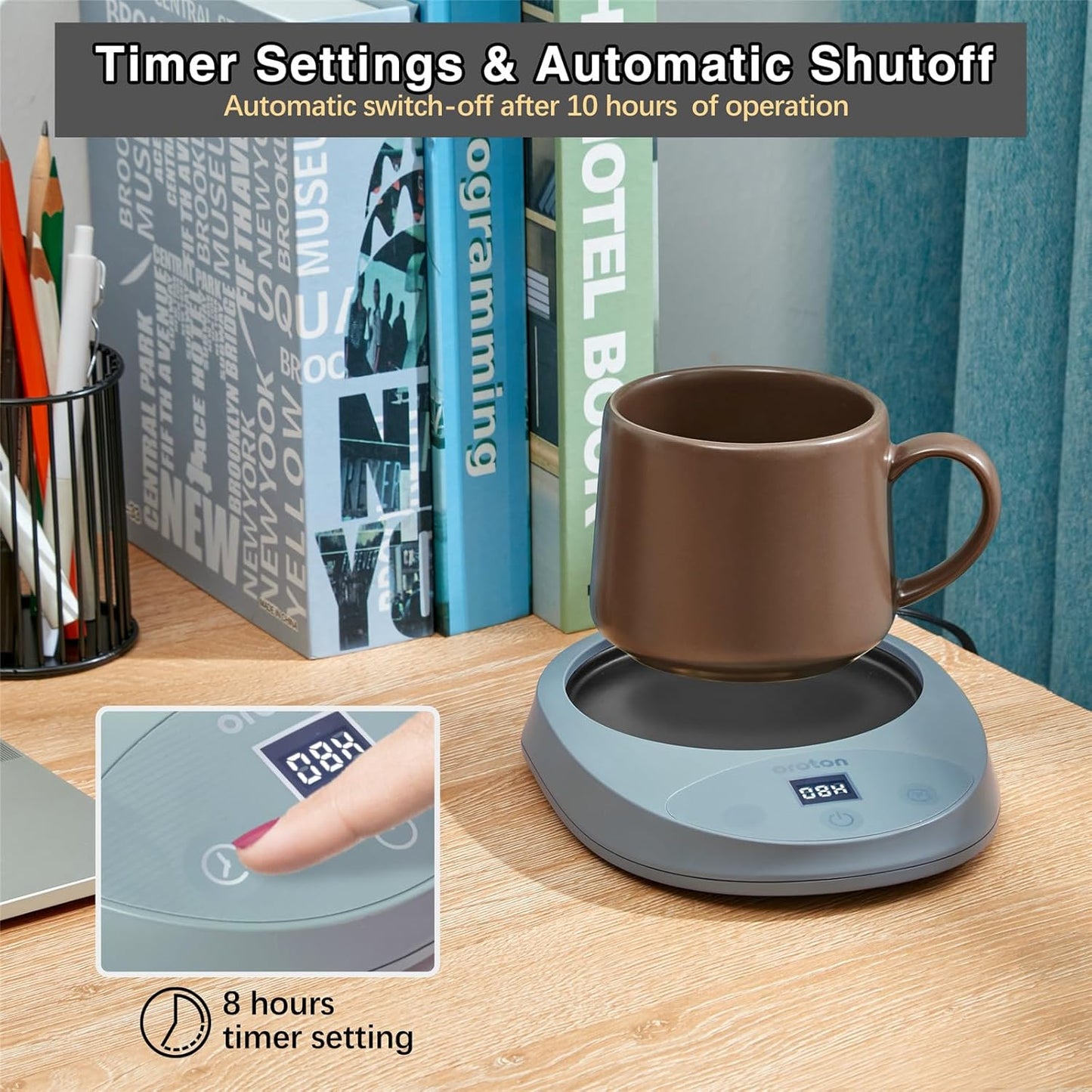 Oroton Mug Warmer for Coffee and Tea, Auto Shut Off,4.3 Inch Large Heated Plate,8 Temperature Settings, 1-8 Hour Timer Settings, Smart Coffee Warmer Plate Milk Tea Water(Grey)