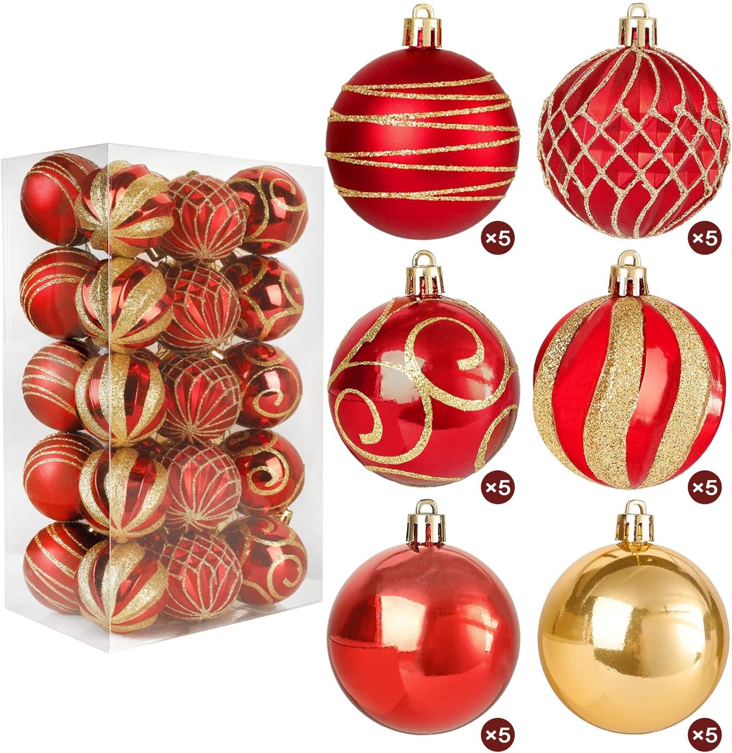 30Pcs Christmas Tree Ball Ornaments Set, Red and Gold, Colored Shatterproof Plastic Decorative Baubles Decorations for Xmas Tree Decor Holiday Party Wedding Decoration, 60Mm/2.36"