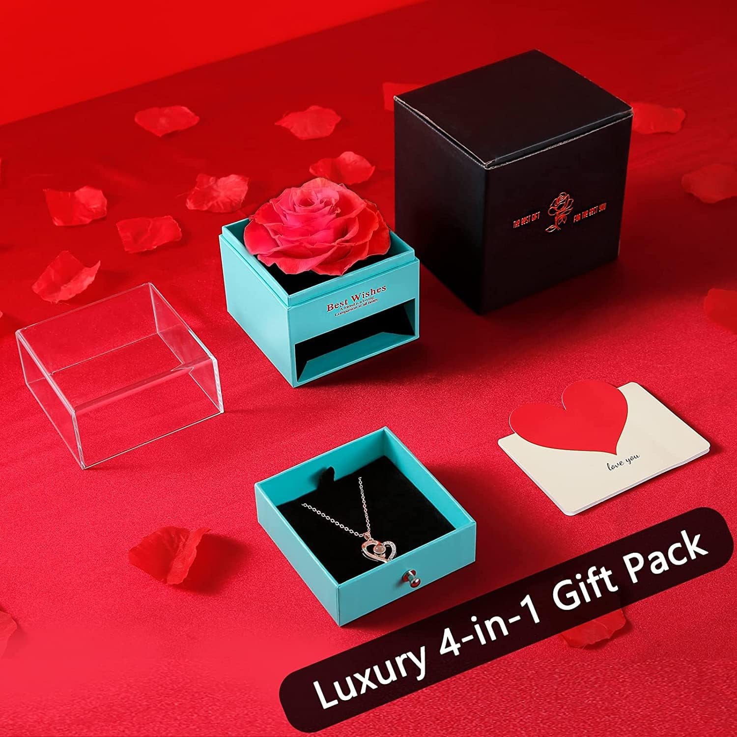 U UQUI Valentines Day Gifts for Her, Preserved Real Rose with I Love You Heart Necklace 100 Languages, Birthday Gifts for Women Mom Girlfriend Wife,Forever Flower for Anniversary, Red Roses