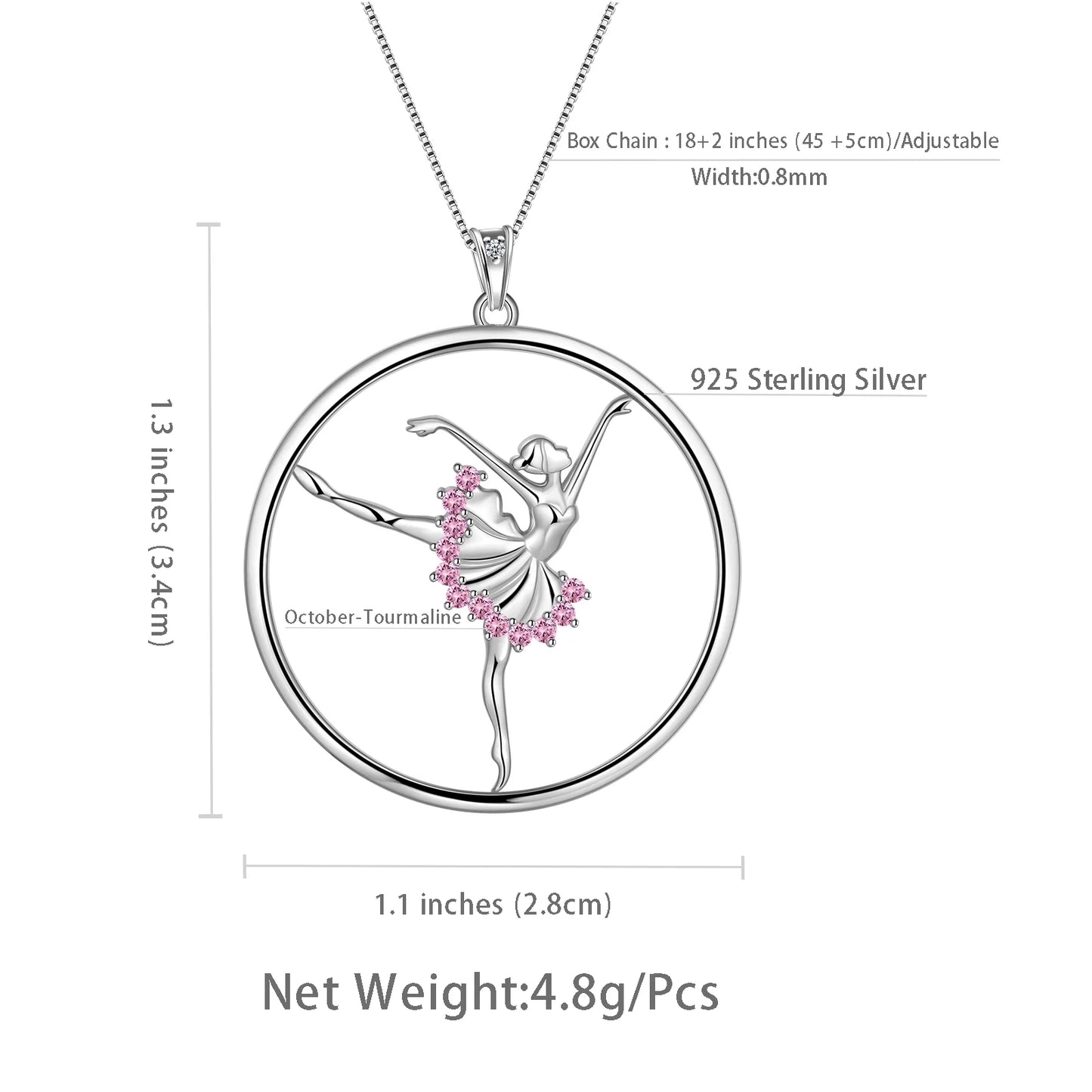 Sterling Silver Ballerina Necklace October Birthstone Pink CZ Ballet Dancer Dance Pendant Jewelry Christmas Valentine'S Day Birthday Gifts for Daughter