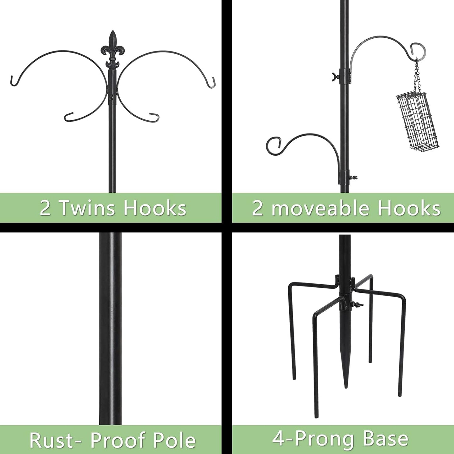 Gtongoko Deluxe Bird Feeding Station Kit 90.5 Inch, Bird Feeder Pole, Wild Bird Feeder Hanging Kit for Bird Watching, Bird Bath, Bird Feeder, Planter Hanger, 5 Prong Base, Black