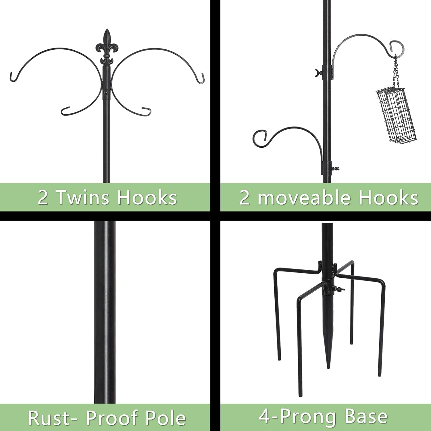 Gtongoko Deluxe Bird Feeding Station Kit 90.5 Inch, Bird Feeder Pole, Wild Bird Feeder Hanging Kit for Bird Watching, Bird Bath, Bird Feeder, Planter Hanger, 5 Prong Base, Black