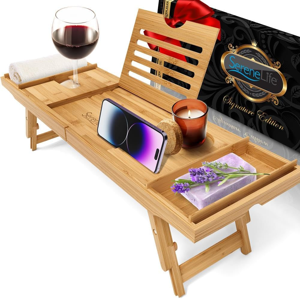 Serenelife Bath Caddy Breakfast Tray Combo - Natural Bamboo Wood Waterproof Tub and Bed with Folding Slide-Out Arms, Device Grooves, Wine Glass Soap Holder