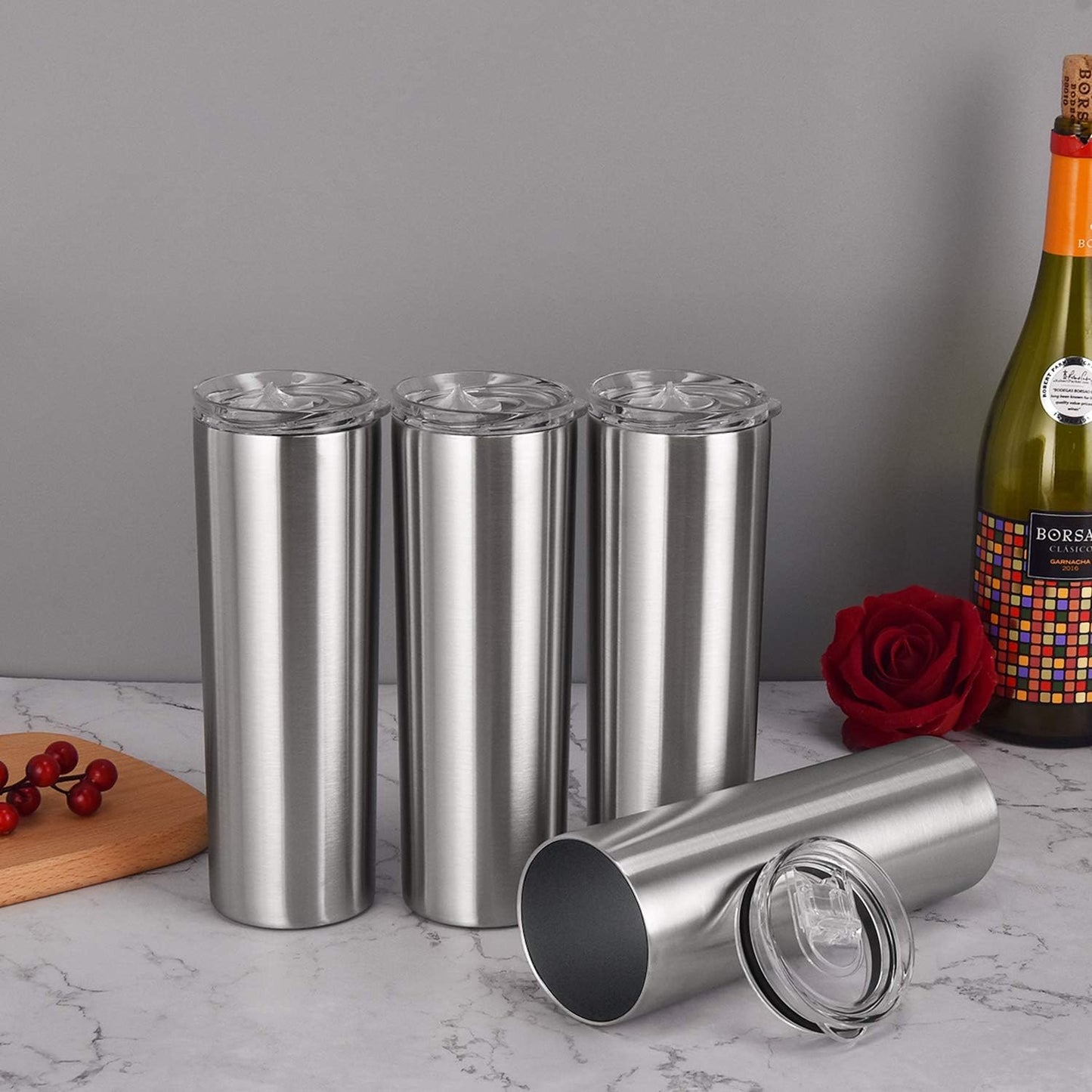 Qtencas Stainless Steel Skinny Tumbler Set, Insulated Travel Tumbler with Closed Lid Straw, Skinny Insulated Tumbler, 20 Oz Slim Water Tumbler Cup for Coffee Water Hot Cold Drinks, Set of 4, Silver