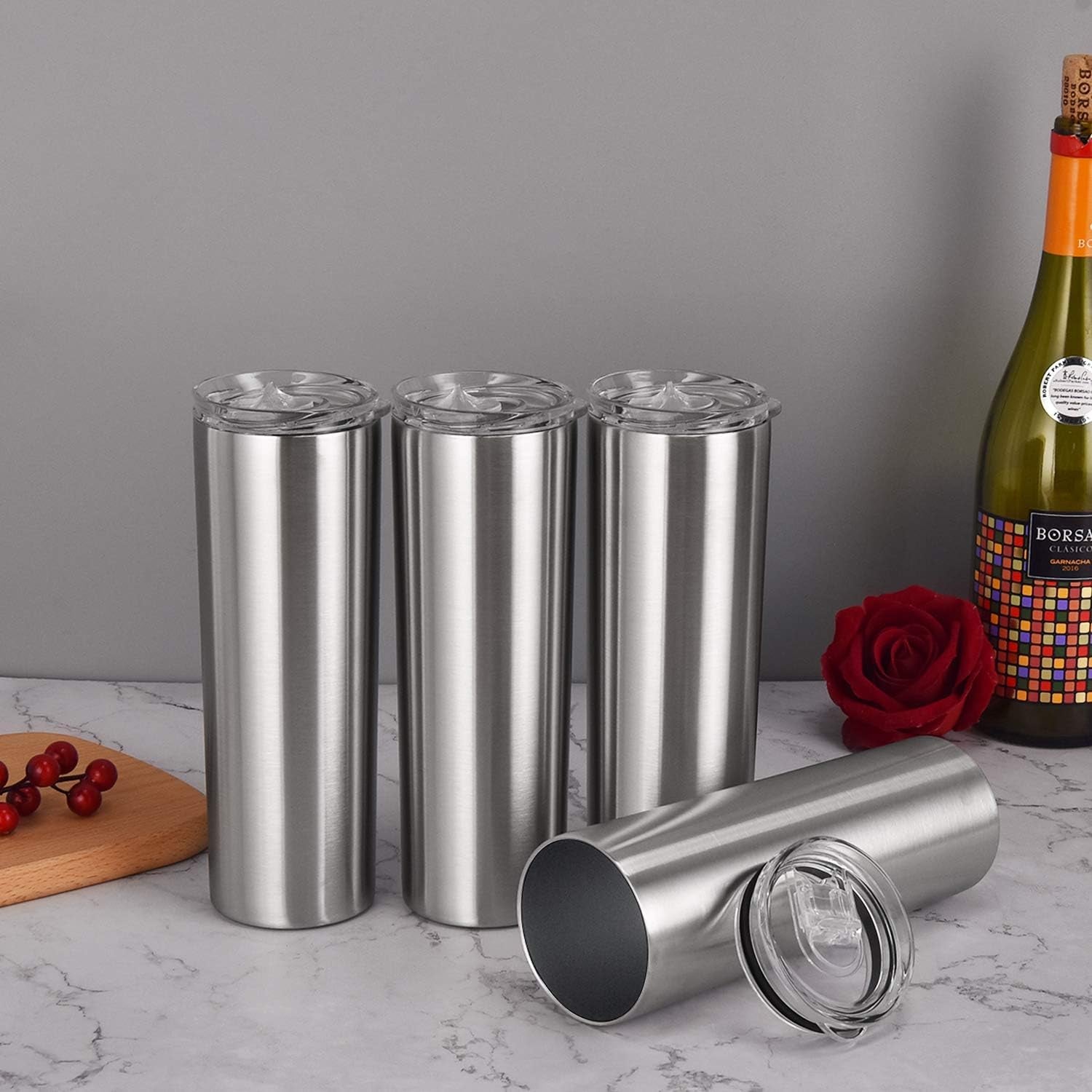 Qtencas Stainless Steel Skinny Tumbler Set, Insulated Travel Tumbler with Closed Lid Straw, Skinny Insulated Tumbler, 20 Oz Slim Water Tumbler Cup for Coffee Water Hot Cold Drinks, Set of 4, Silver