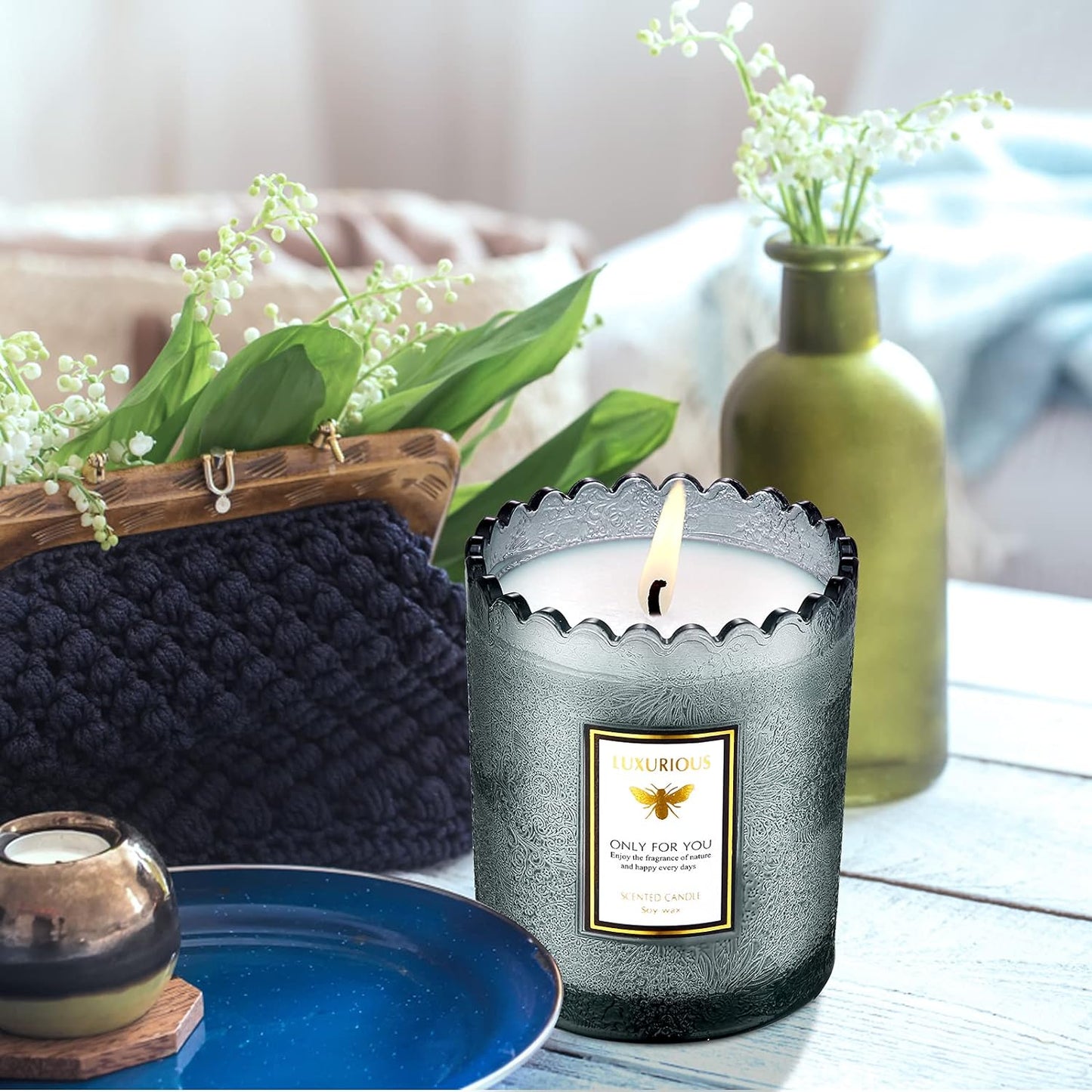 Valentines Day Decor Candles for Home Scented Natural Soy Wax Women Happy Birthday Set Kindle Aromatherapy Candle Gifts Large Glass Jar Pack Aesthetic Romantic Best Decorative (Gray)