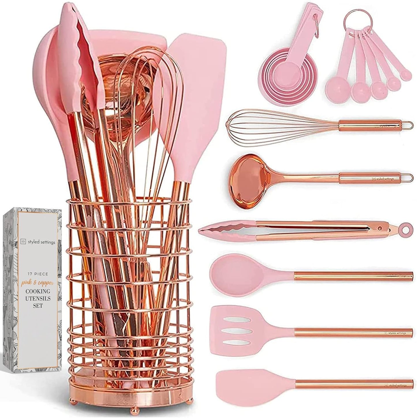 White Silicone and Copper Kitchen Utensils Set with Holder - 17-Piece Rose Gold Cooking Tools for Nonstick Cookware, with Measuring Cups, Spoons, & Utensil Holder - Stylish Copper Kitchen Accessories