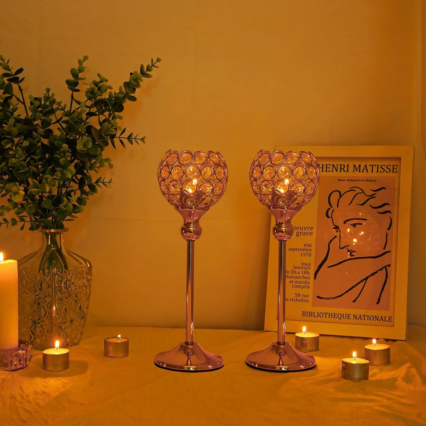 VINCIGANT Gold Crystal Candle Holders Set of 2 for Fireplace Coffee Table Mantle Decor,Wedding Home Halloween Decoration Centerpieces