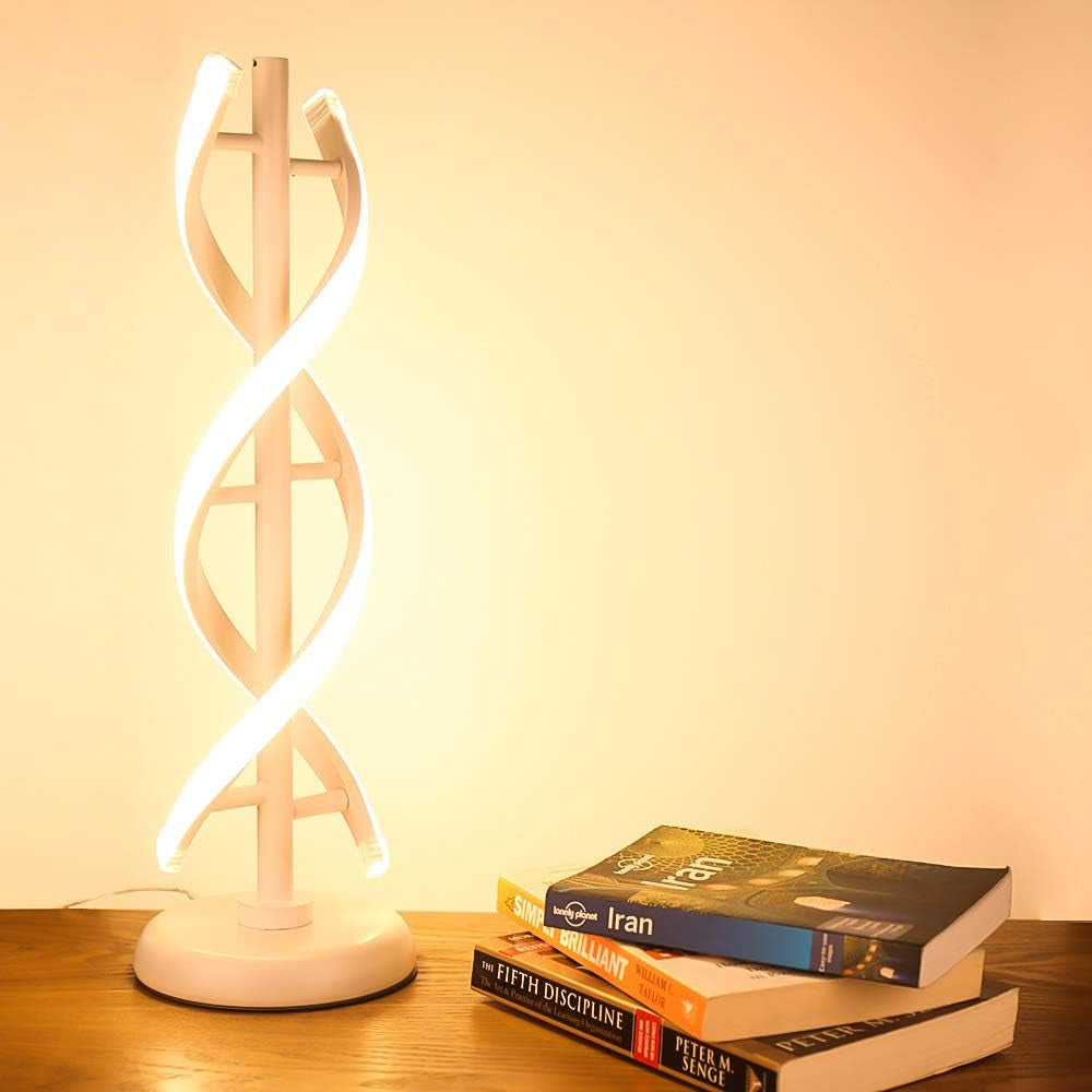 ELINKUME Double Spiral LED Table Lamp, Creative Double Helix Lampbody Matchs Metal Base, 12W Warm White Eye-Caring Dimmable LED Bedside Lamp Decorative Lighting - White