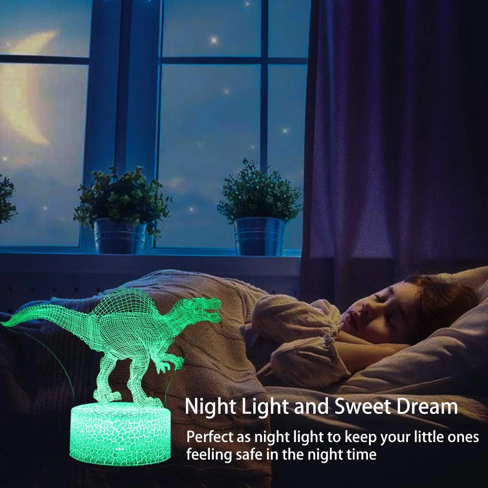 3D Dinosaur Night Light - 7-Color LED Lamp W/ Remote, Kids Room Decor