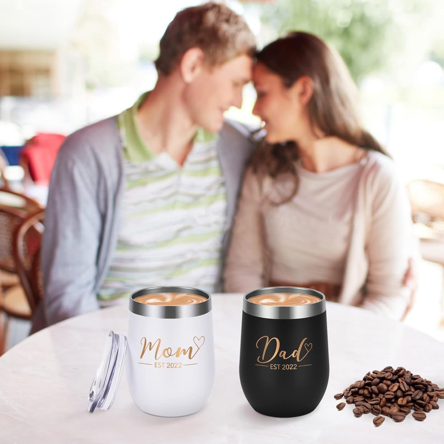 YOUNGFIT Natubeau New Parents Gift - Mom Dad Est 2022 Wine Tumbler Set for New Mom Dad Baby Shower New Parents New Pregnancy Baby Announcement, 12 Oz Insulated Stainless Steel Wine Tumbler, Set of 2