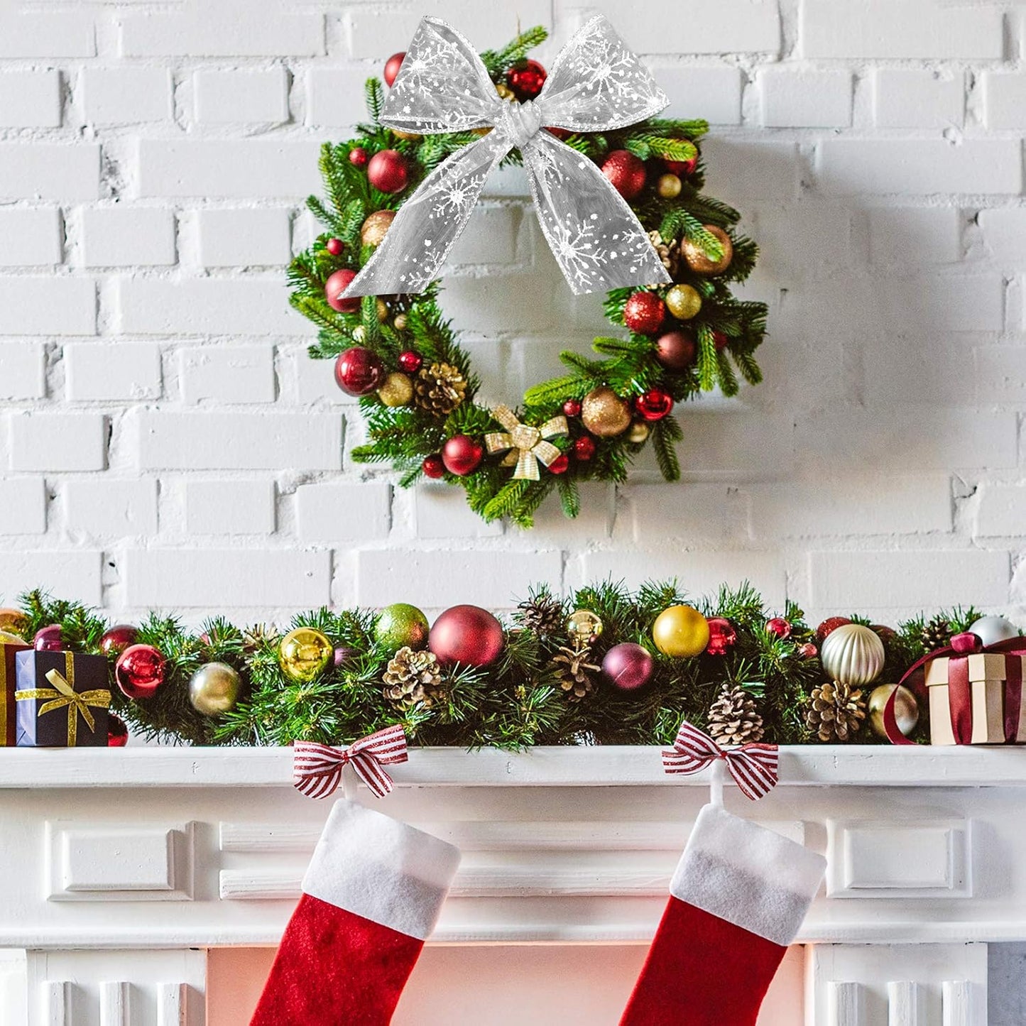 2.5 Inch Wide Christmas Wired Ribbon Snowflake Organza Sheer Glitter Ribbon for Xmas Tree, Wreath, Party Decoration, Gift Wrapping (Silver, 65.7 Foot (Pack of 1))